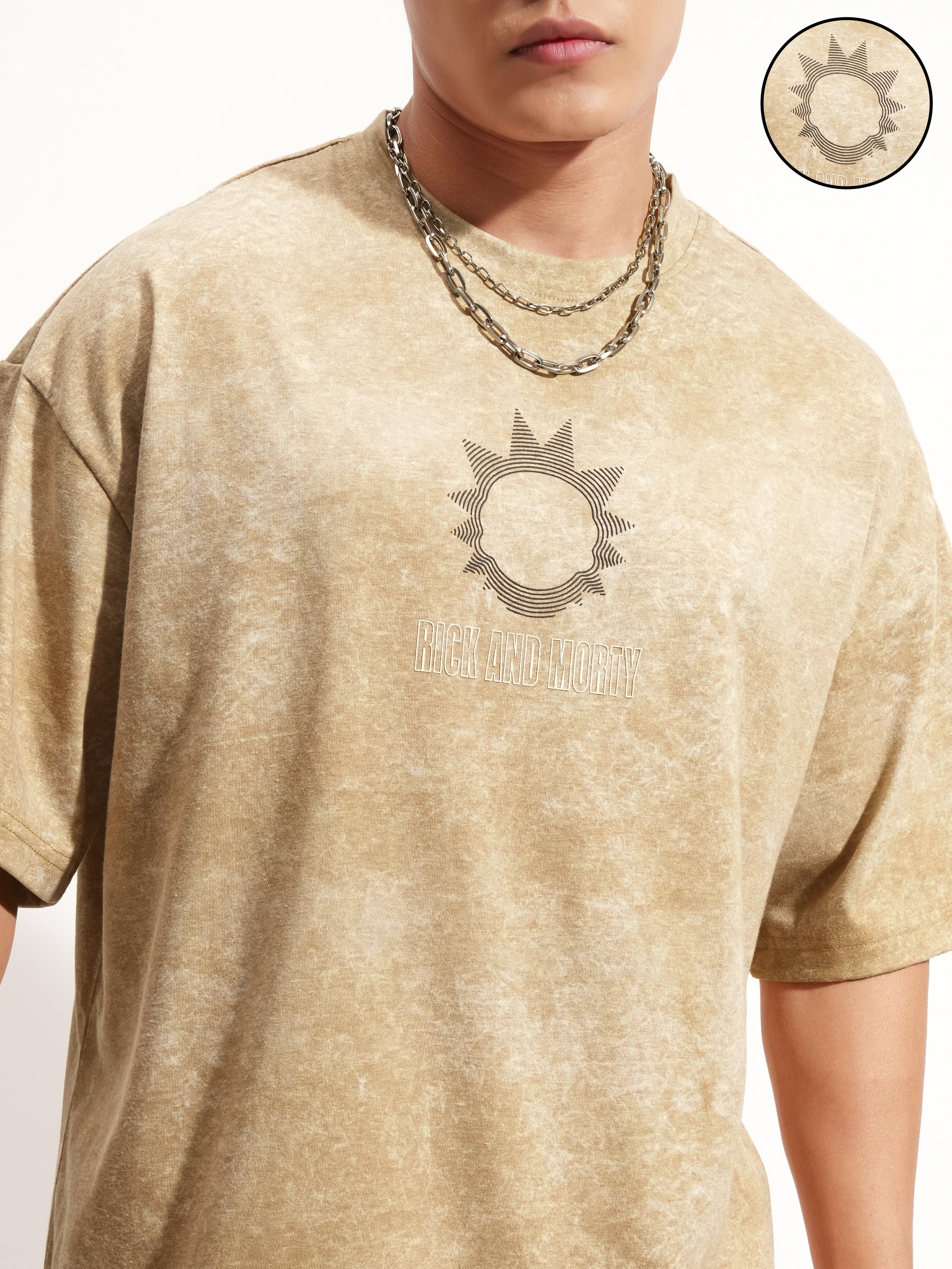 WB By Highlander Men Khaki Rick And Morty Printed Round Neck Oversized Fit T-Shirt - Khaki - Image 5