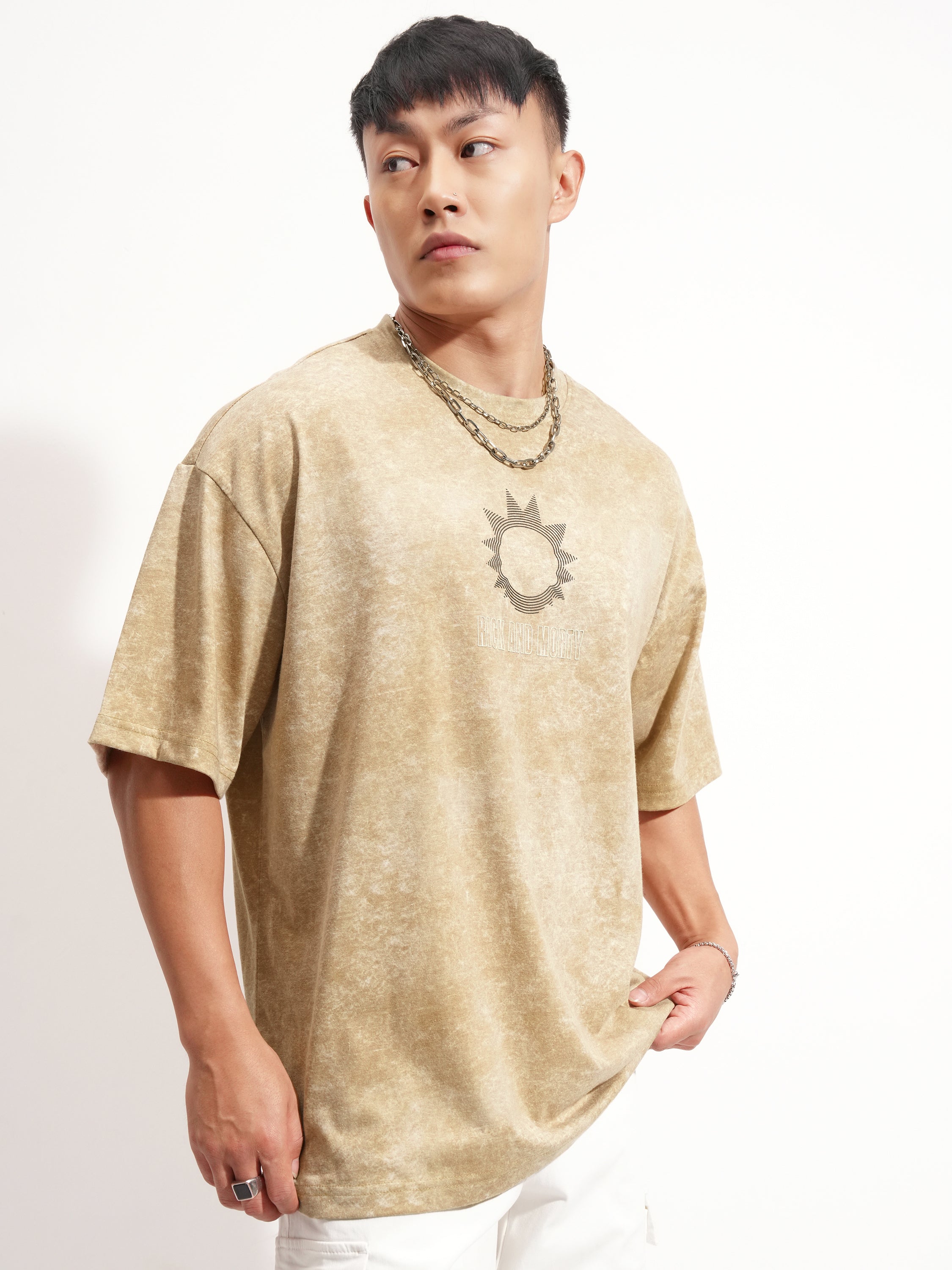 WB By Highlander Men Khaki Rick And Morty Printed Round Neck Oversized Fit T-Shirt - Khaki - Image 6