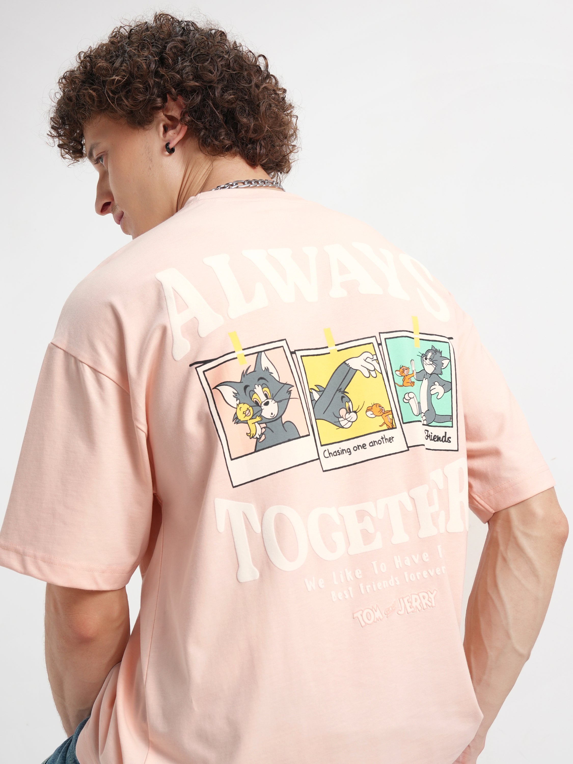 WB By Highlander Men Coral Tom And Jerry Printed Round Neck Oversized Fit T-Shirt - Coral - Image 1