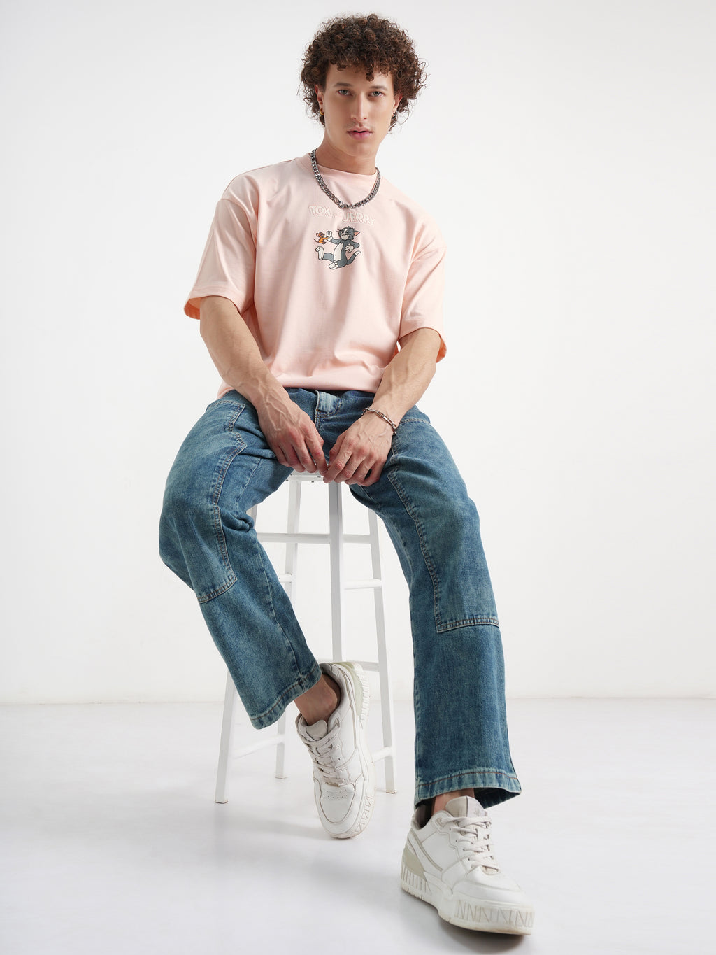 WB By Highlander Men Coral Tom And Jerry Printed Round Neck Oversized Fit T-Shirt - Coral - Image 2