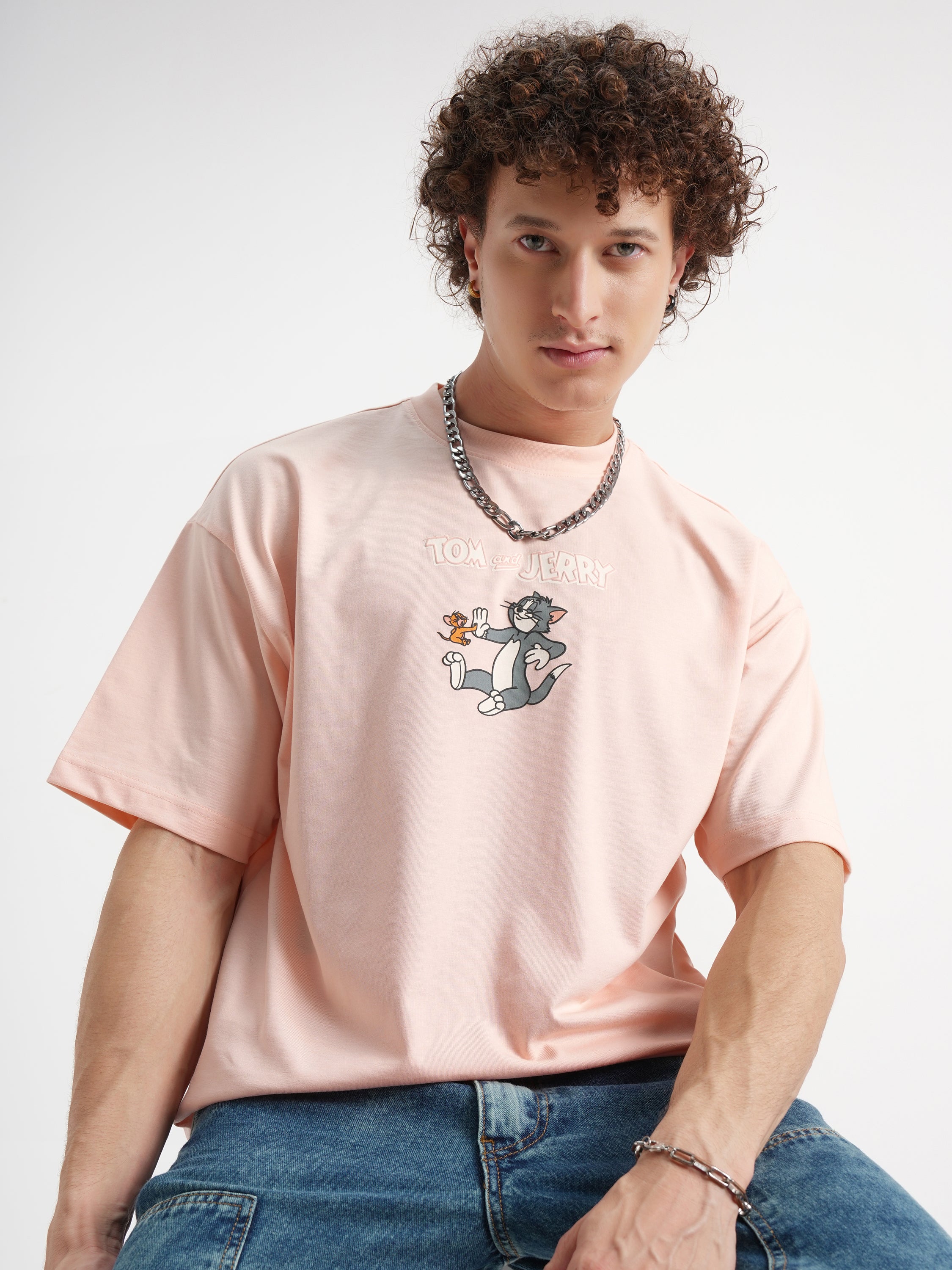 WB By Highlander Men Coral Tom And Jerry Printed Round Neck Oversized Fit T-Shirt - Coral - Image 3