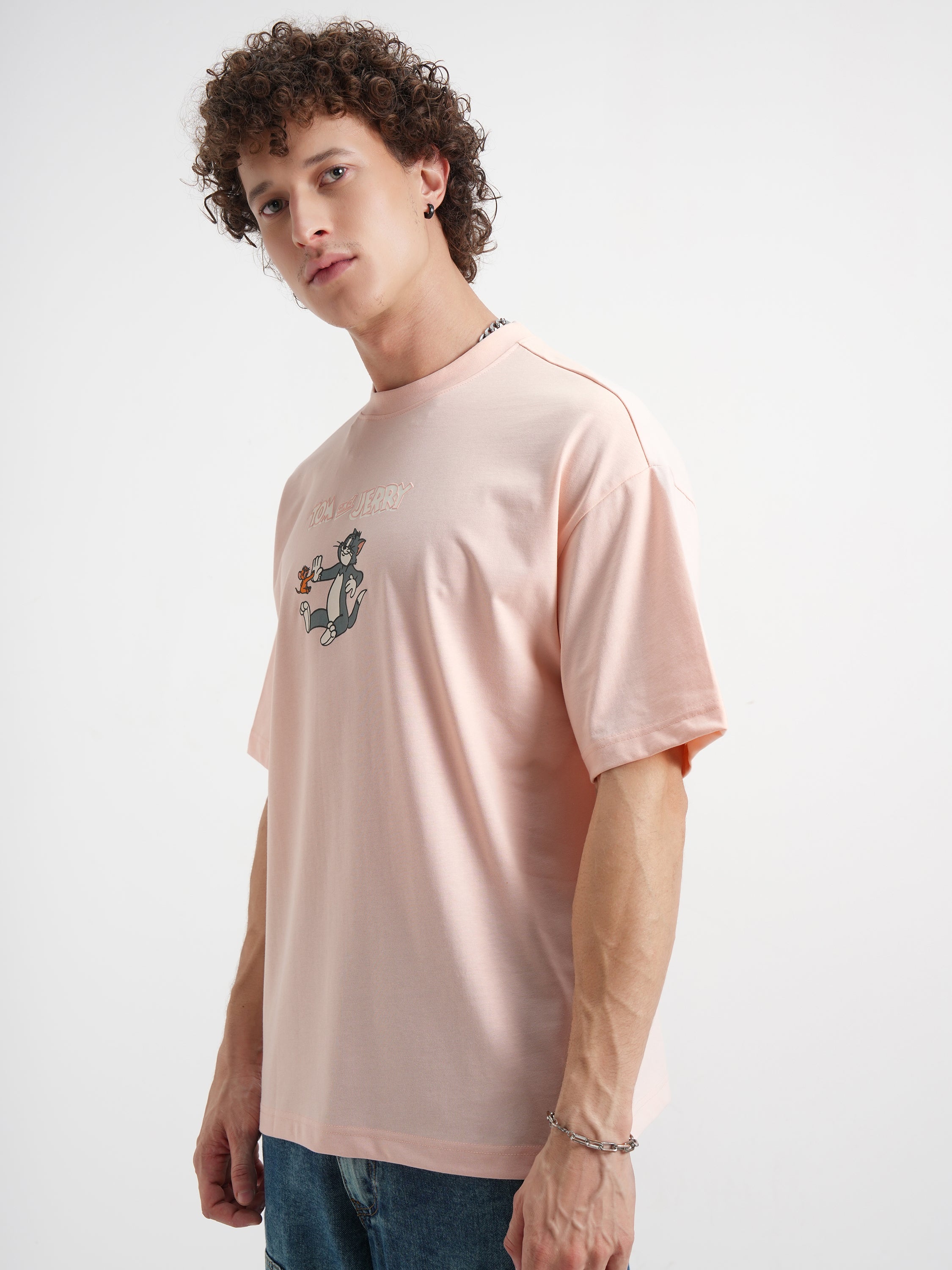 WB By Highlander Men Coral Tom And Jerry Printed Round Neck Oversized Fit T-Shirt - Coral - Image 4