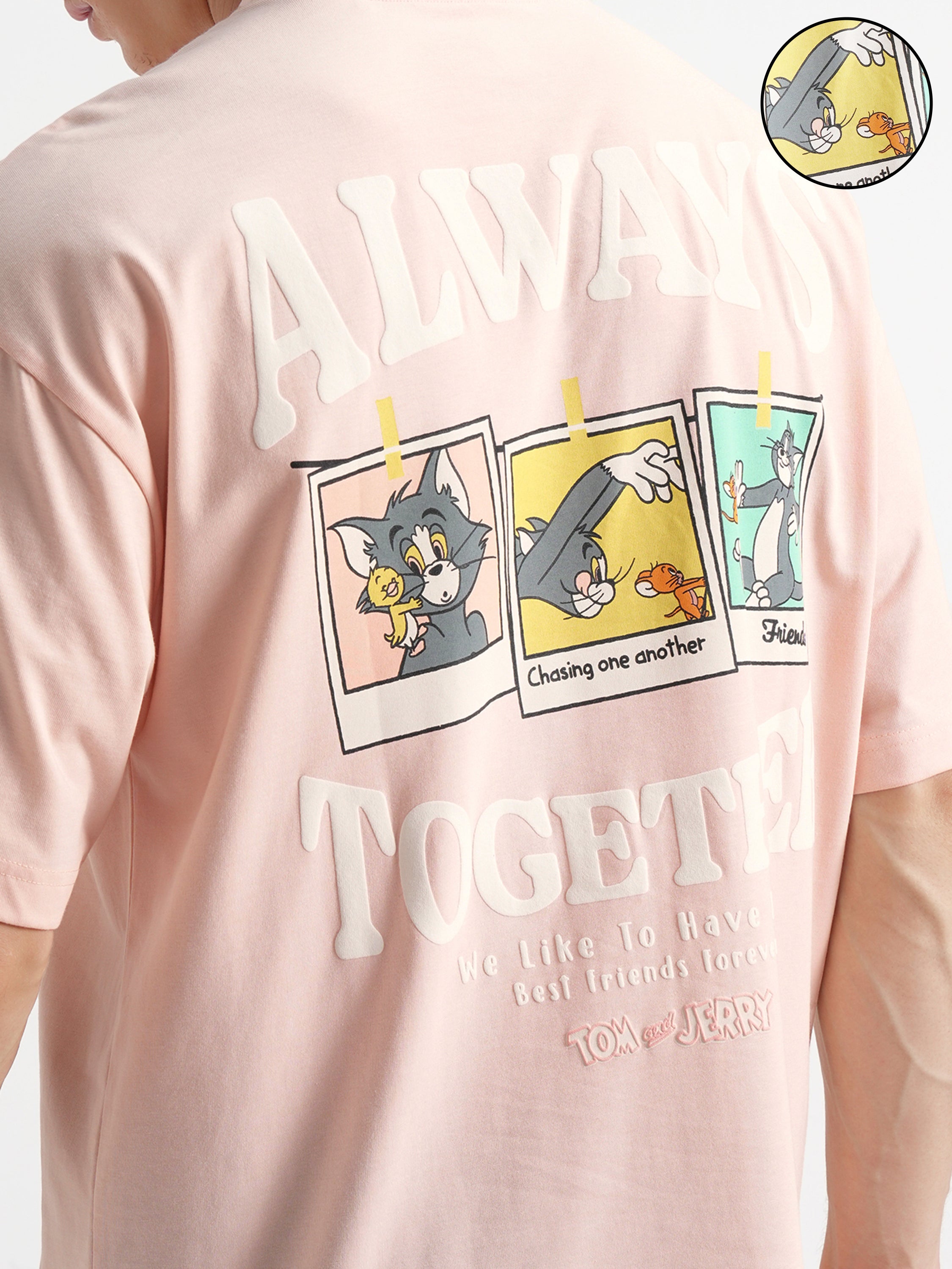 WB By Highlander Men Coral Tom And Jerry Printed Round Neck Oversized Fit T-Shirt - Coral - Image 5