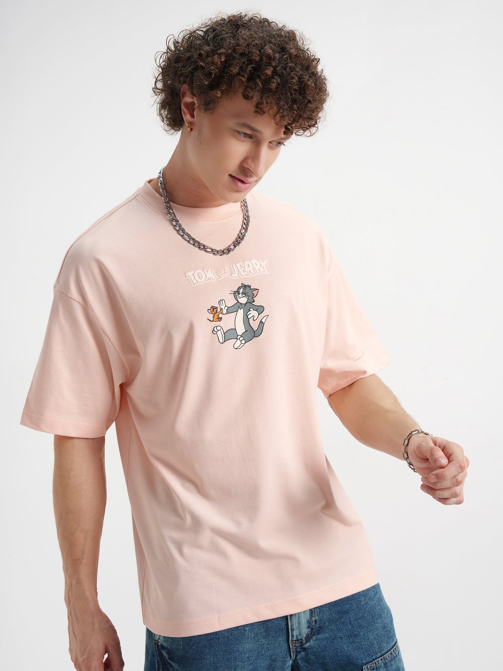 WB By Highlander Men Coral Tom And Jerry Printed Round Neck Oversized Fit T-Shirt - Coral - Image 6