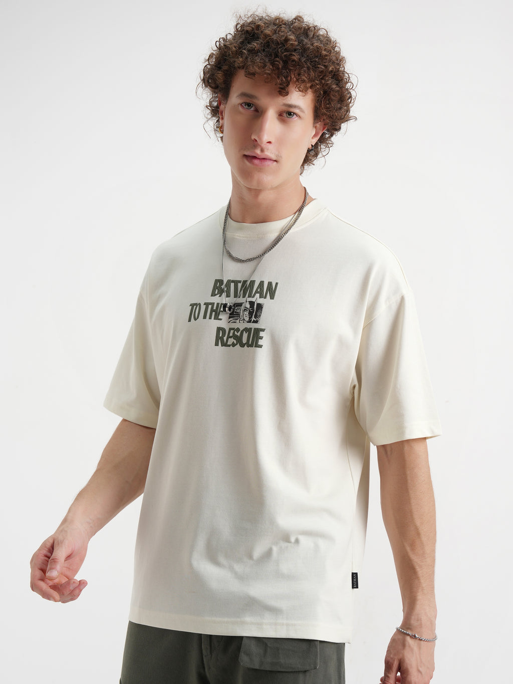DC By Highlander Men Off White Batman Printed Round Neck Oversized Fit T-Shirt - Off White - Image 4