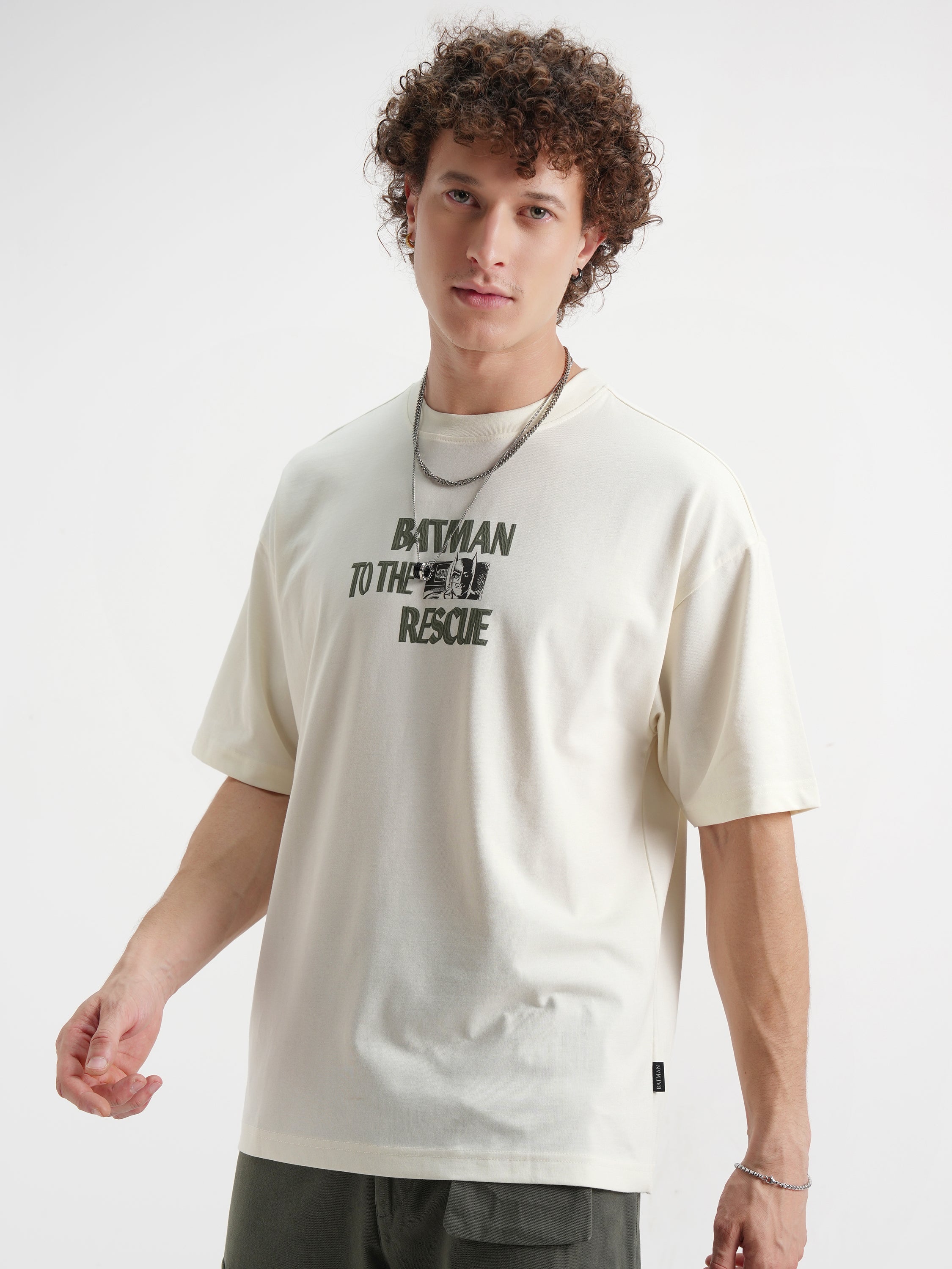 DC By Highlander Men Off White Batman Printed Round Neck Oversized Fit T-Shirt - Off White - Image 4