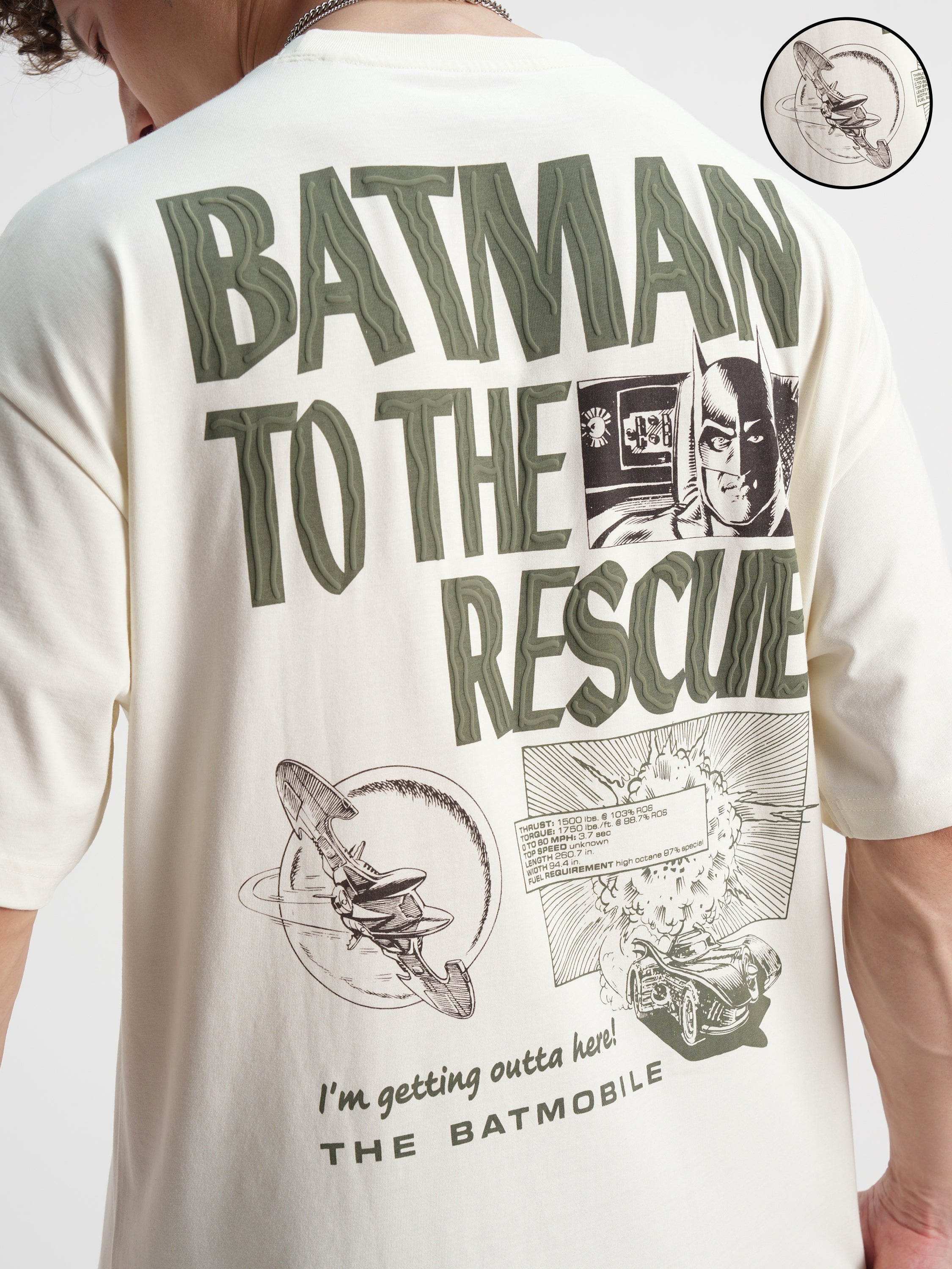 DC By Highlander Men Off White Batman Printed Round Neck Oversized Fit T-Shirt - Off White - Image 5