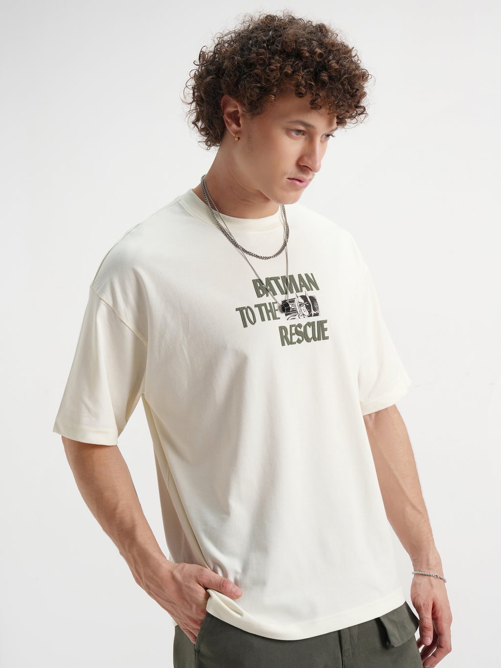 DC By Highlander Men Off White Batman Printed Round Neck Oversized Fit T-Shirt - Off White - Image 6