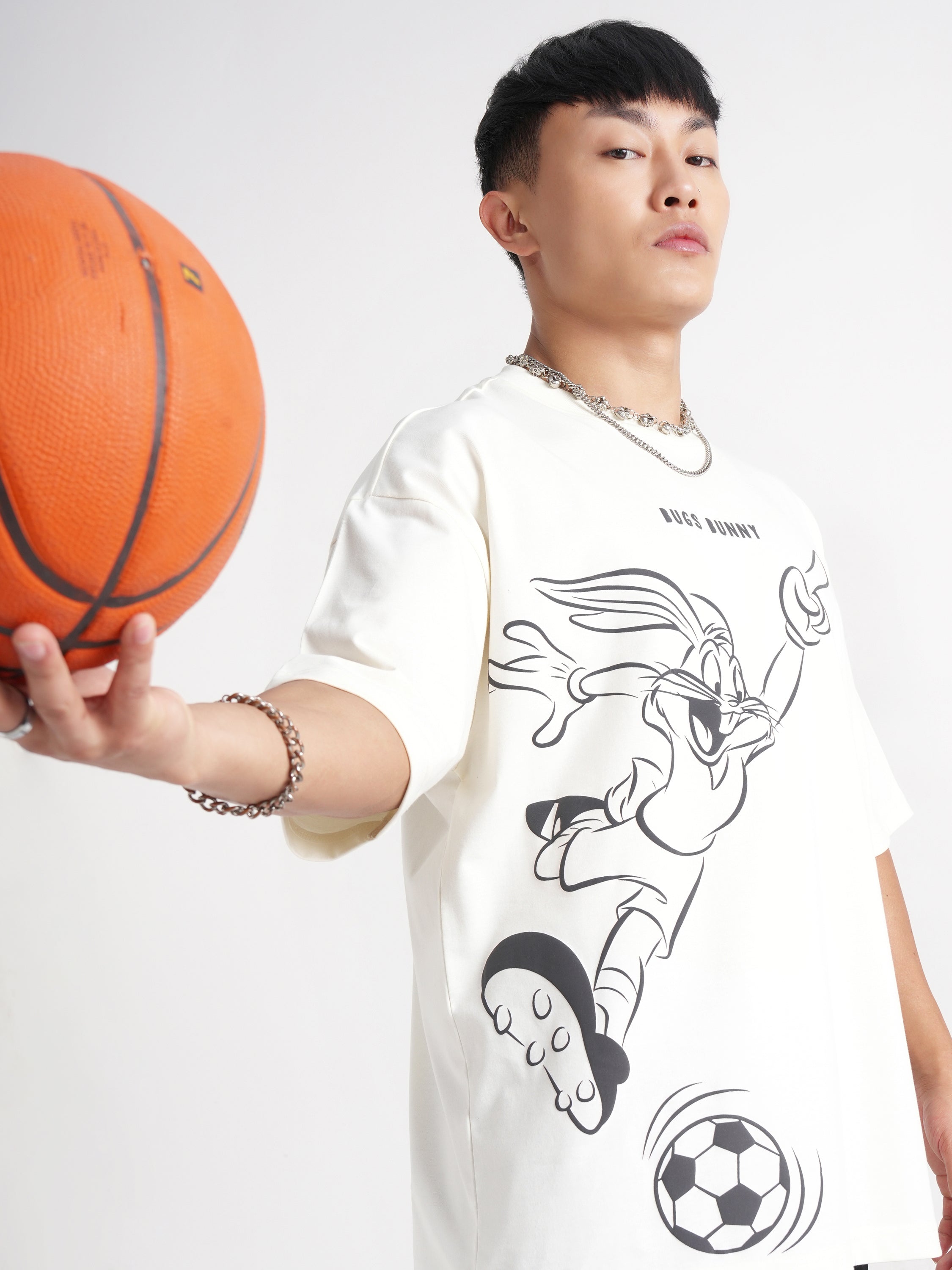 WB By Highlander Men Off White Looney Tunes Printed Round Neck Oversized Fit T-Shirt - Off White - Image 1