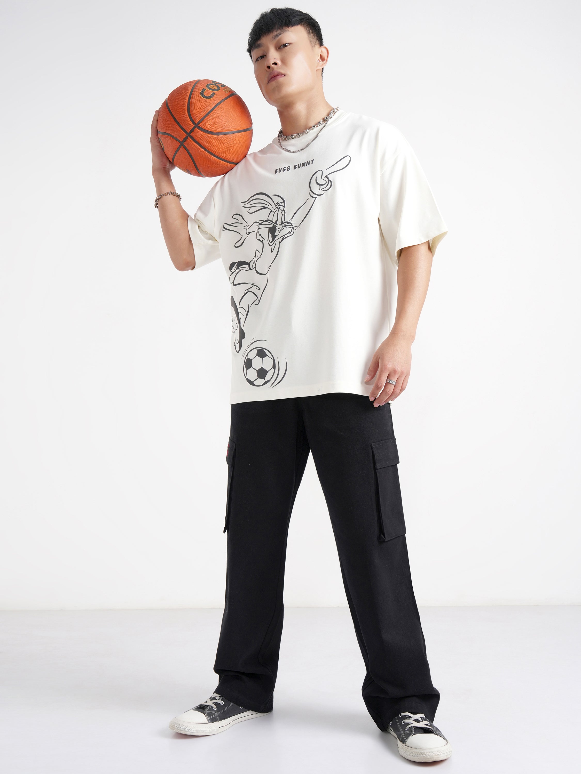 WB By Highlander Men Off White Looney Tunes Printed Round Neck Oversized Fit T-Shirt - Off White - Image 2