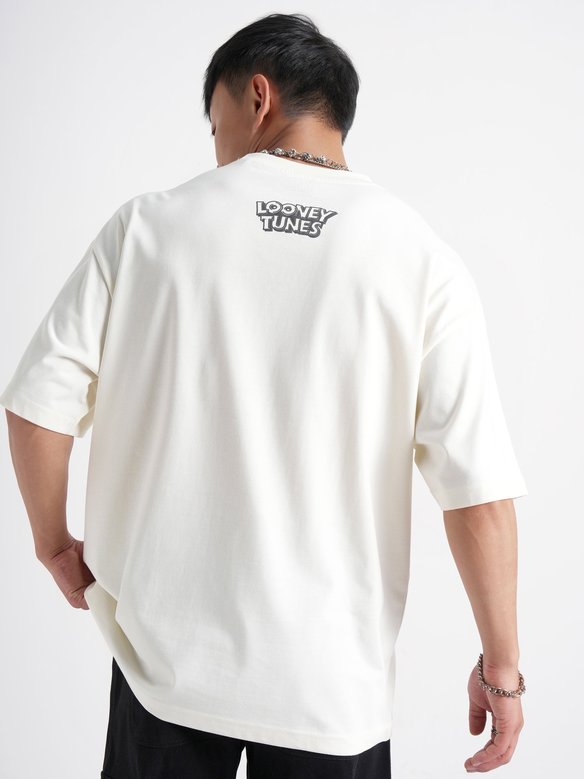 WB By Highlander Men Off White Looney Tunes Printed Round Neck Oversized Fit T-Shirt - Off White - Image 3