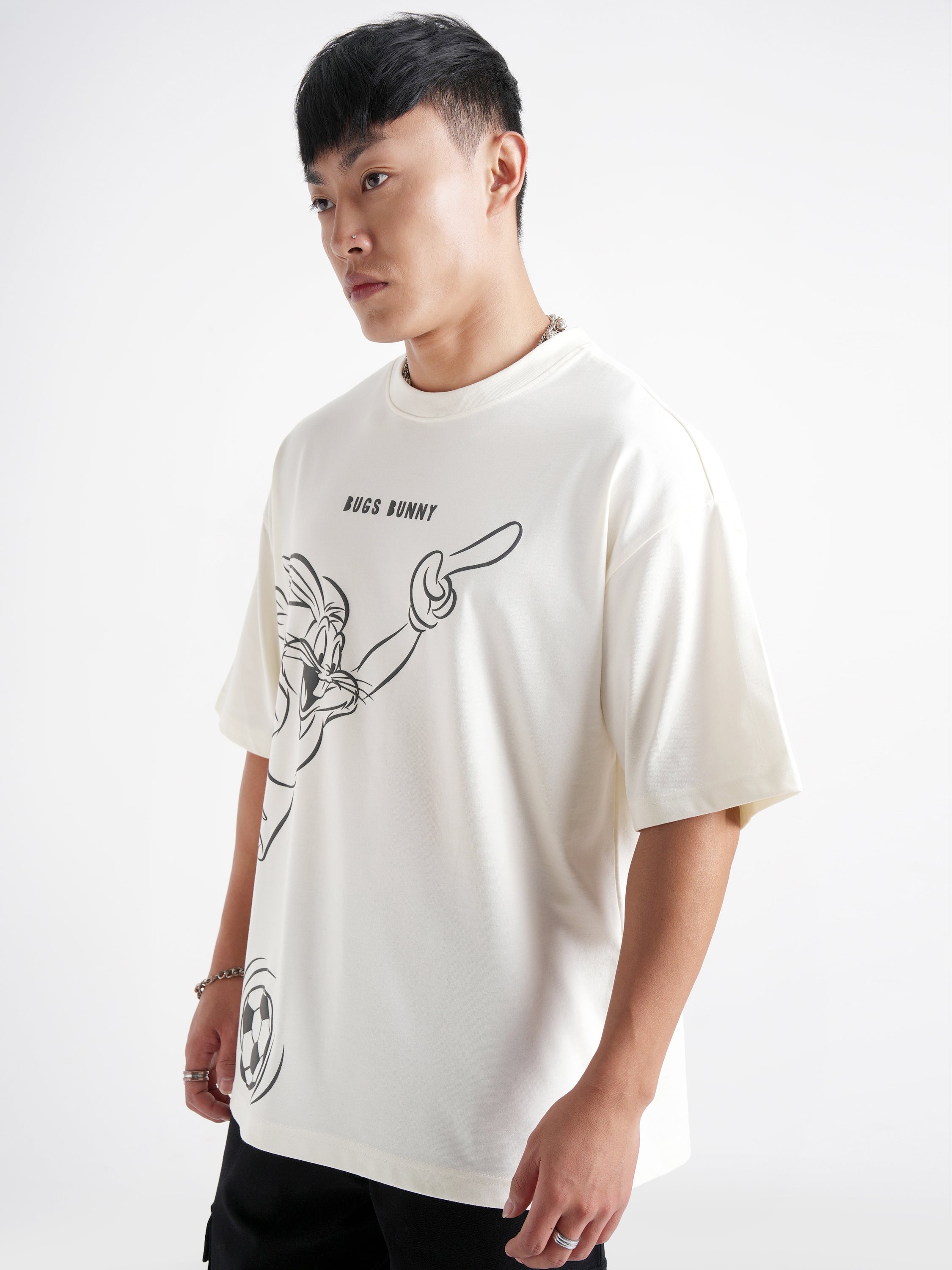 WB By Highlander Men Off White Looney Tunes Printed Round Neck Oversized Fit T-Shirt - Off White - Image 4