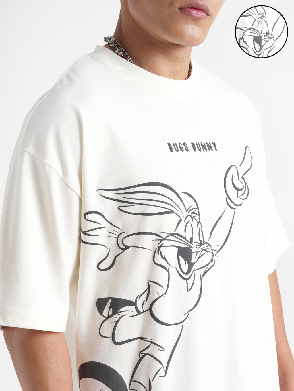 WB By Highlander Men Off White Looney Tunes Printed Round Neck Oversized Fit T-Shirt - Off White - Image 5
