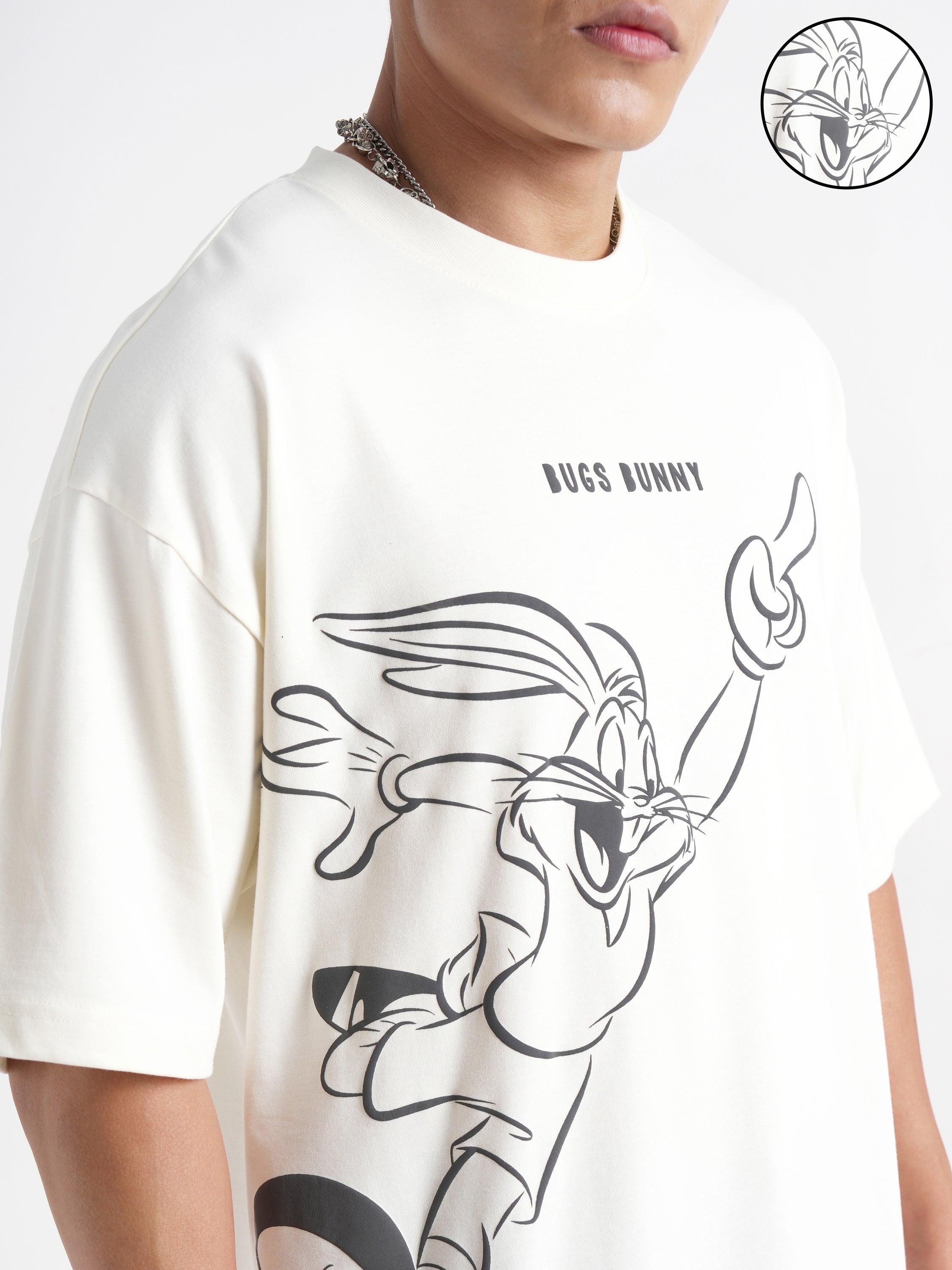 WB By Highlander Men Off White Looney Tunes Printed Round Neck Oversized Fit T-Shirt - Off White - Image 5