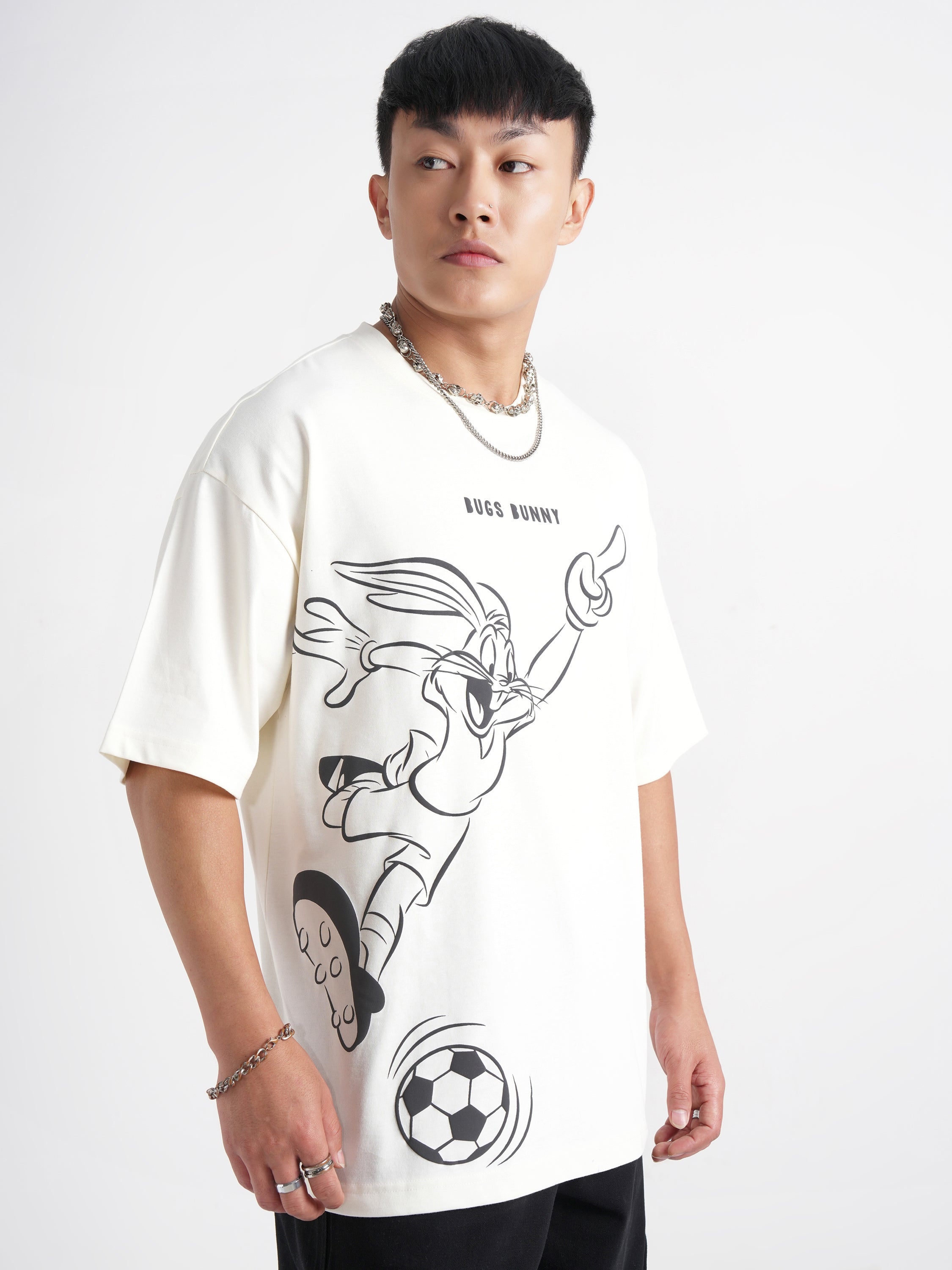 WB By Highlander Men Off White Looney Tunes Printed Round Neck Oversized Fit T-Shirt - Off White - Image 6