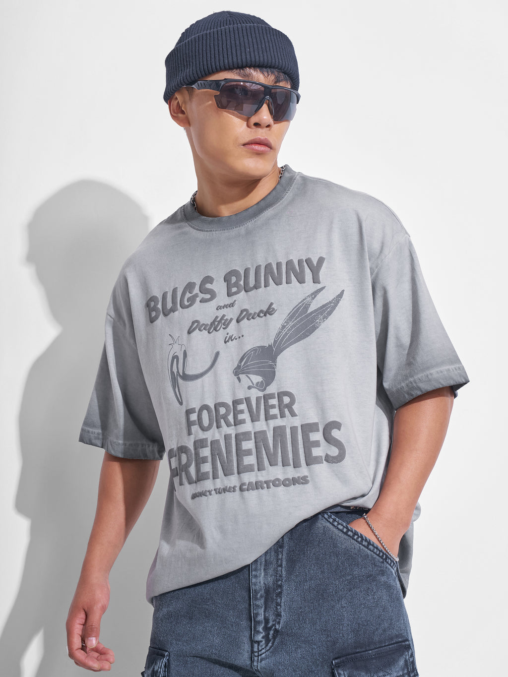 WB By Highlander Men Grey Looney Tunes Printed Round Neck Oversized Fit T-Shirt - Grey - Image 1