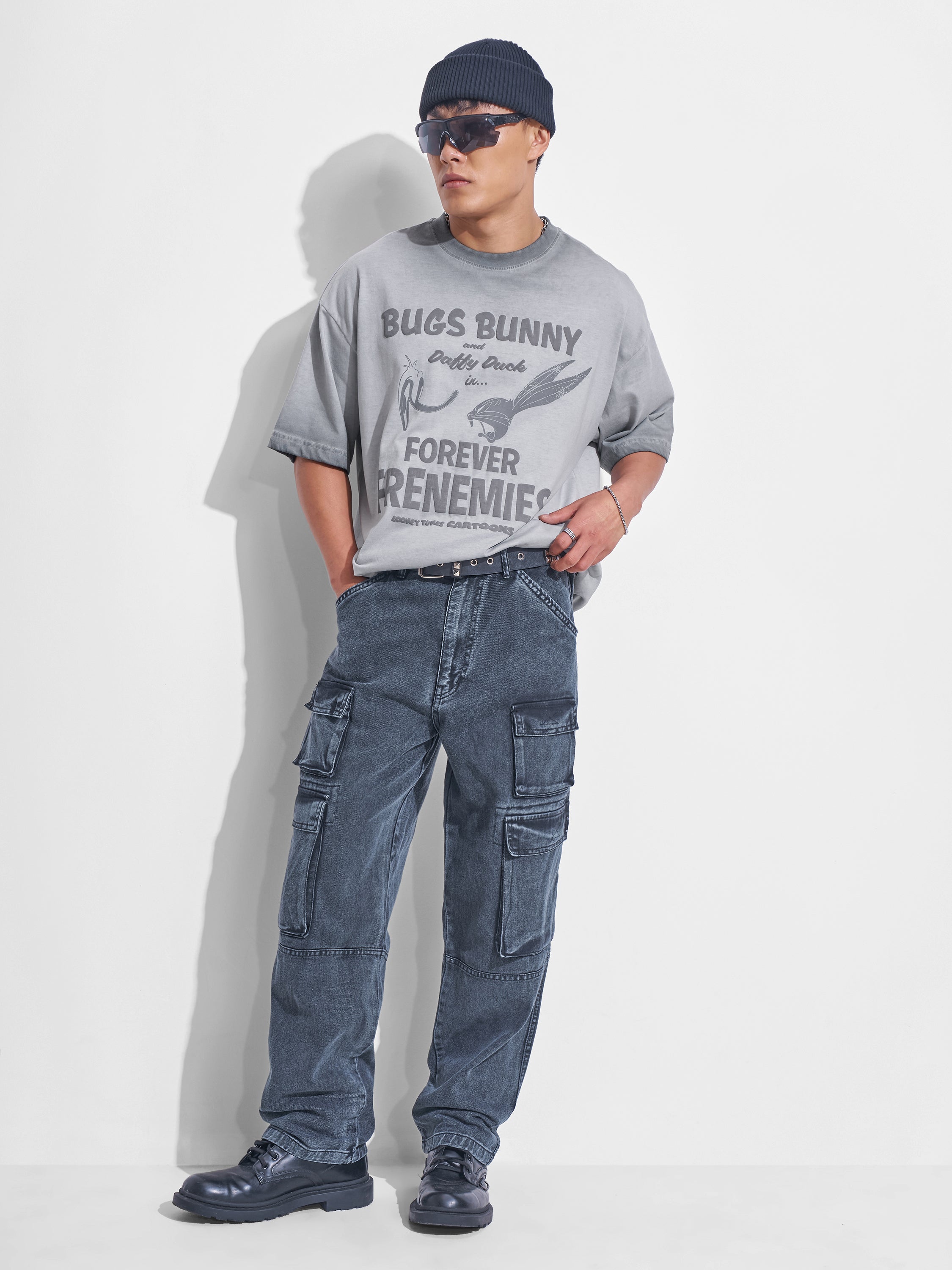 WB By Highlander Men Grey Looney Tunes Printed Round Neck Oversized Fit T-Shirt - Grey - Image 2