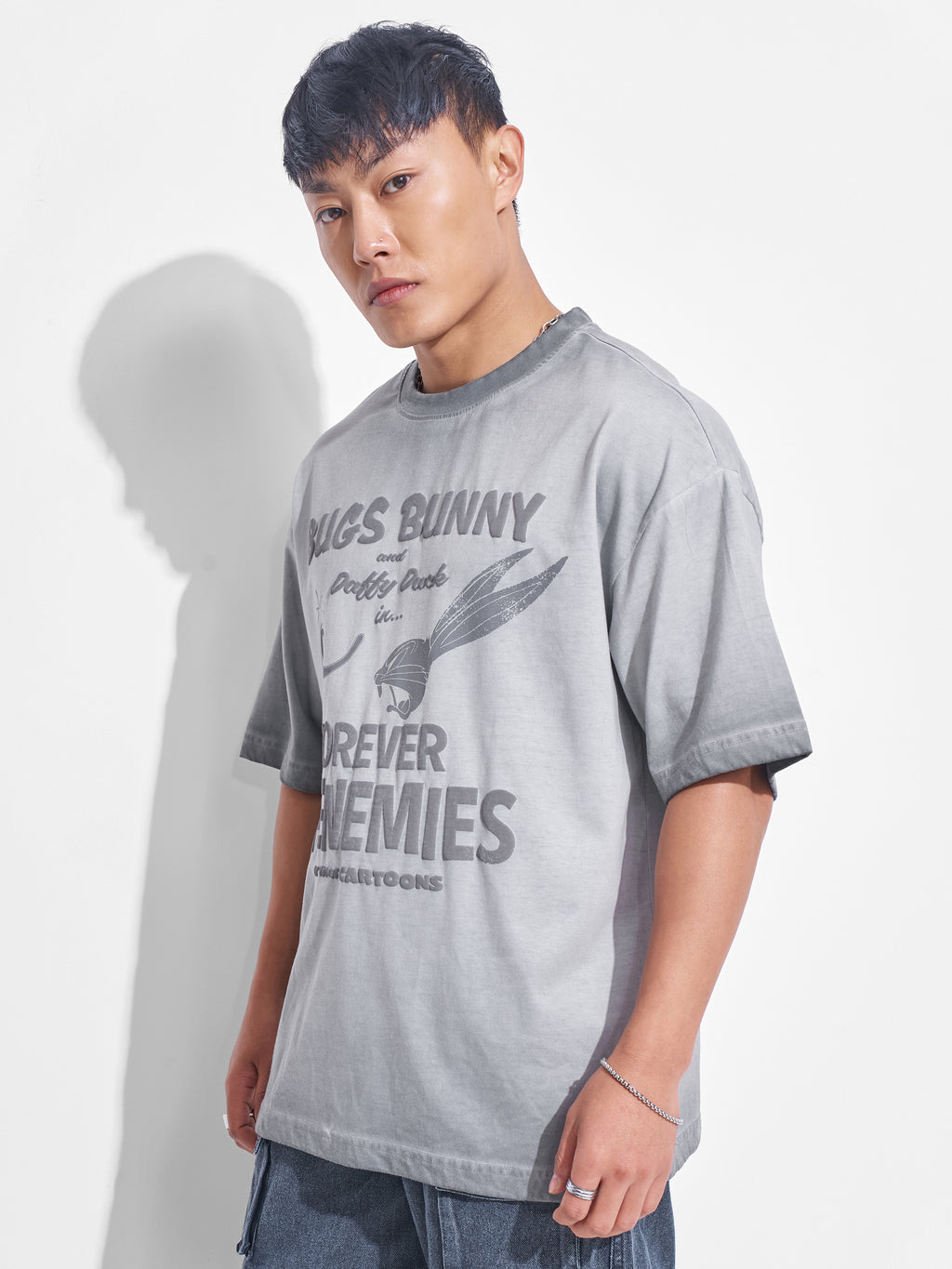 WB By Highlander Men Grey Looney Tunes Printed Round Neck Oversized Fit T-Shirt - Grey - Image 4
