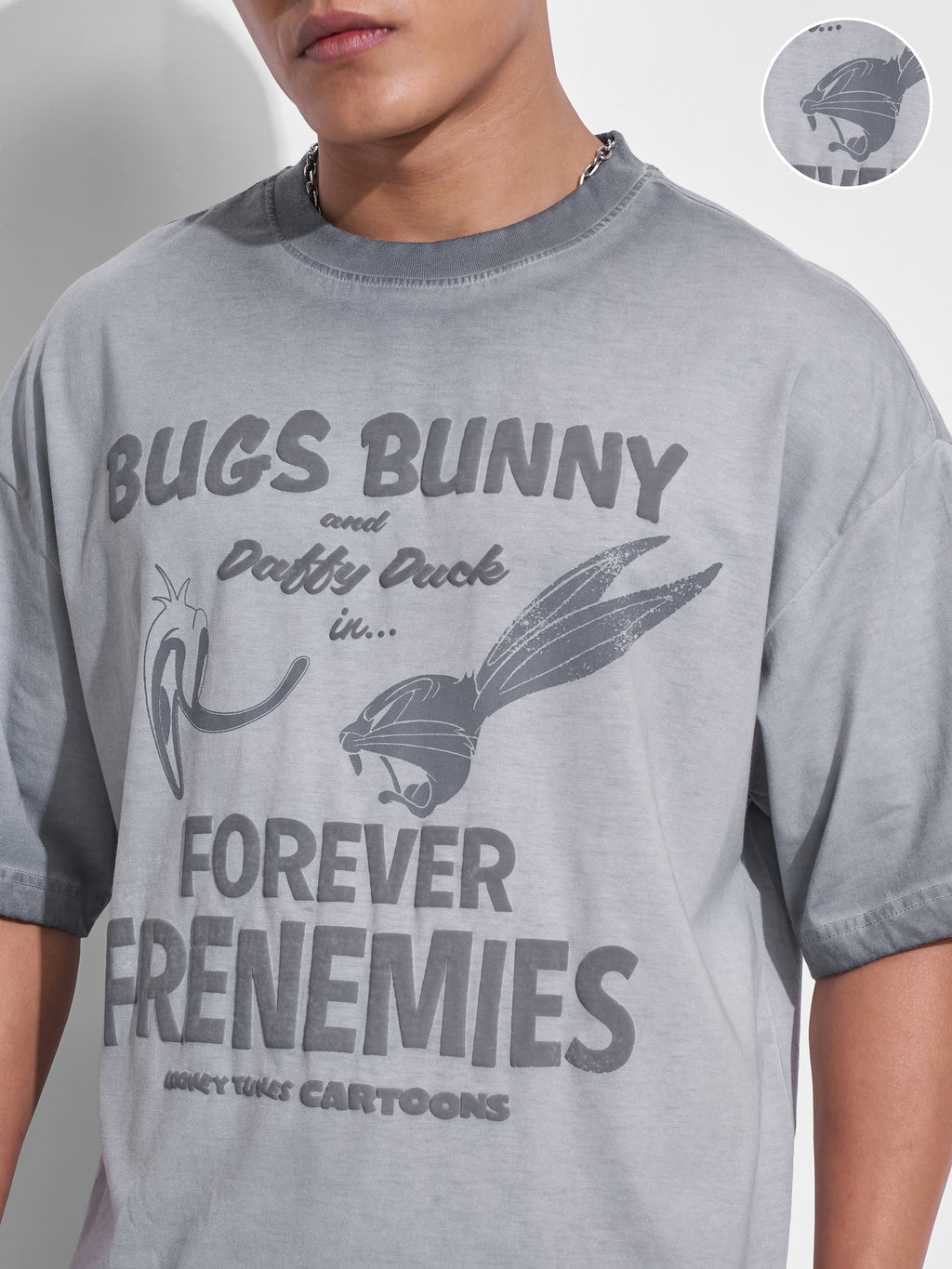 WB By Highlander Men Grey Looney Tunes Printed Round Neck Oversized Fit T-Shirt - Grey - Image 5