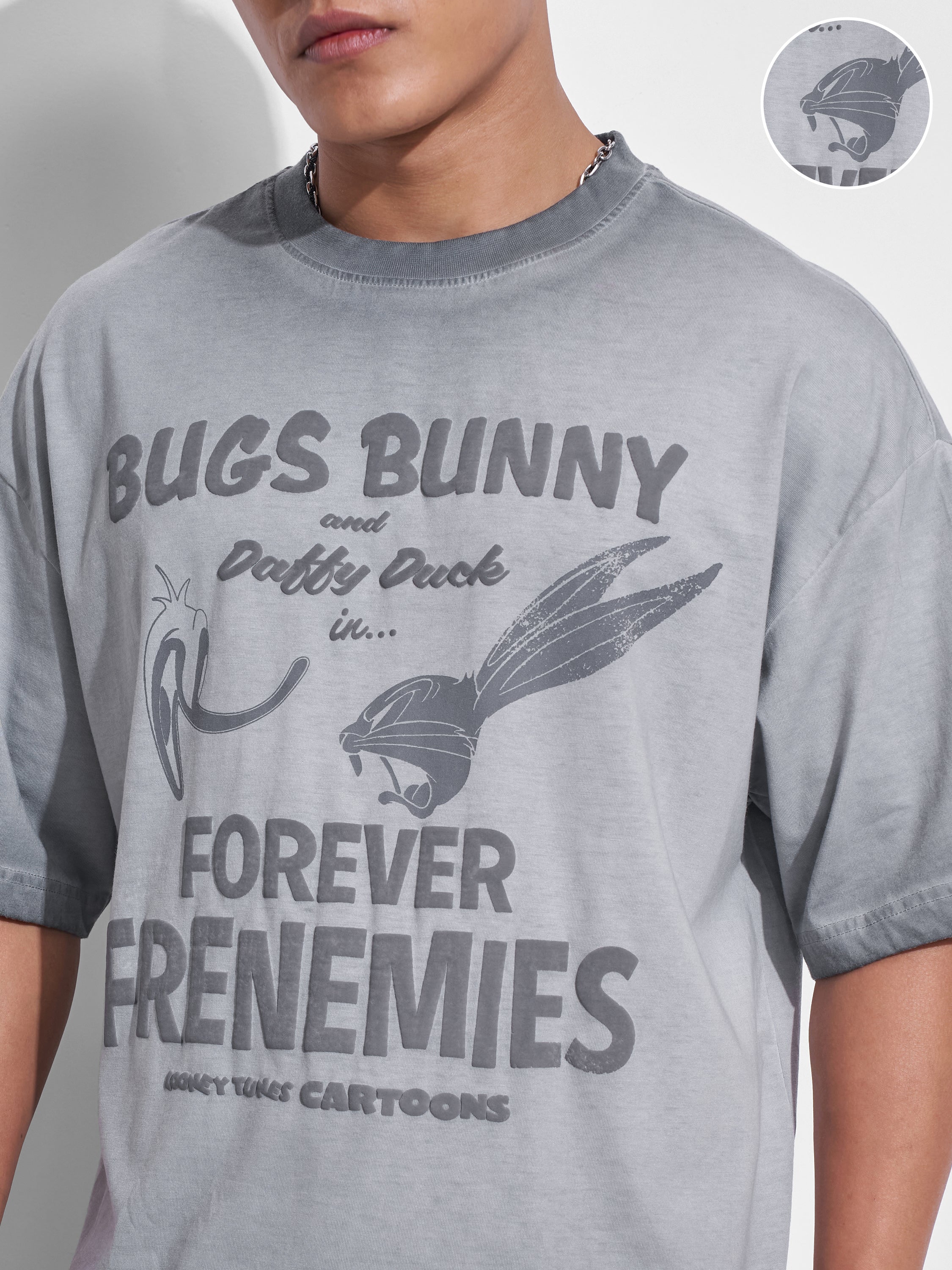 WB By Highlander Men Grey Looney Tunes Printed Round Neck Oversized Fit T-Shirt - Grey - Image 5