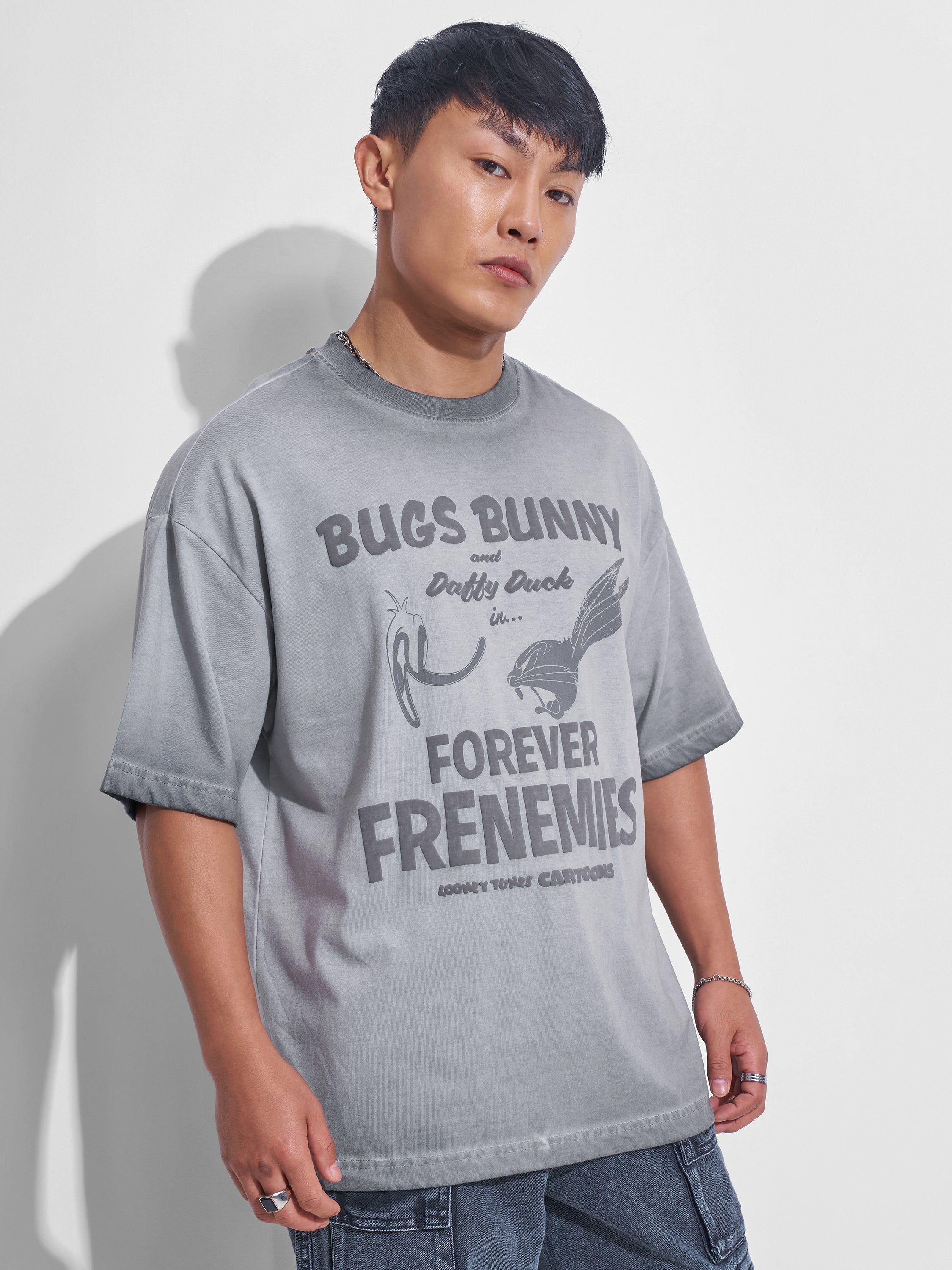 WB By Highlander Men Grey Looney Tunes Printed Round Neck Oversized Fit T-Shirt - Grey - Image 6