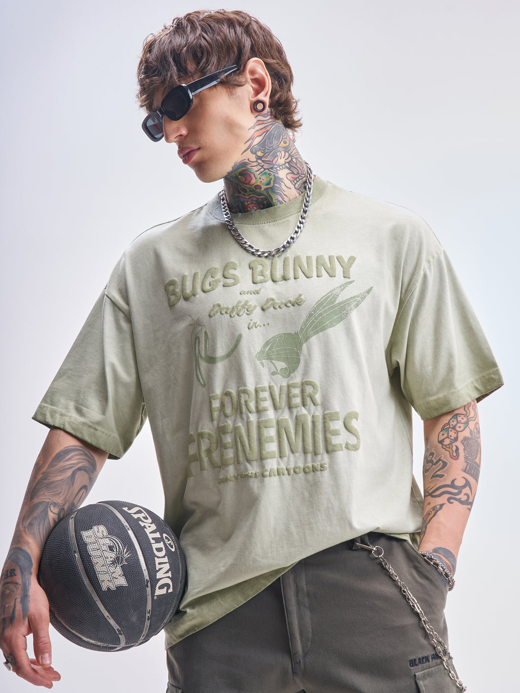 WB By Highlander Men Green Looney Tunes Printed Round Neck Oversized Fit T-Shirt - Green - Image 1