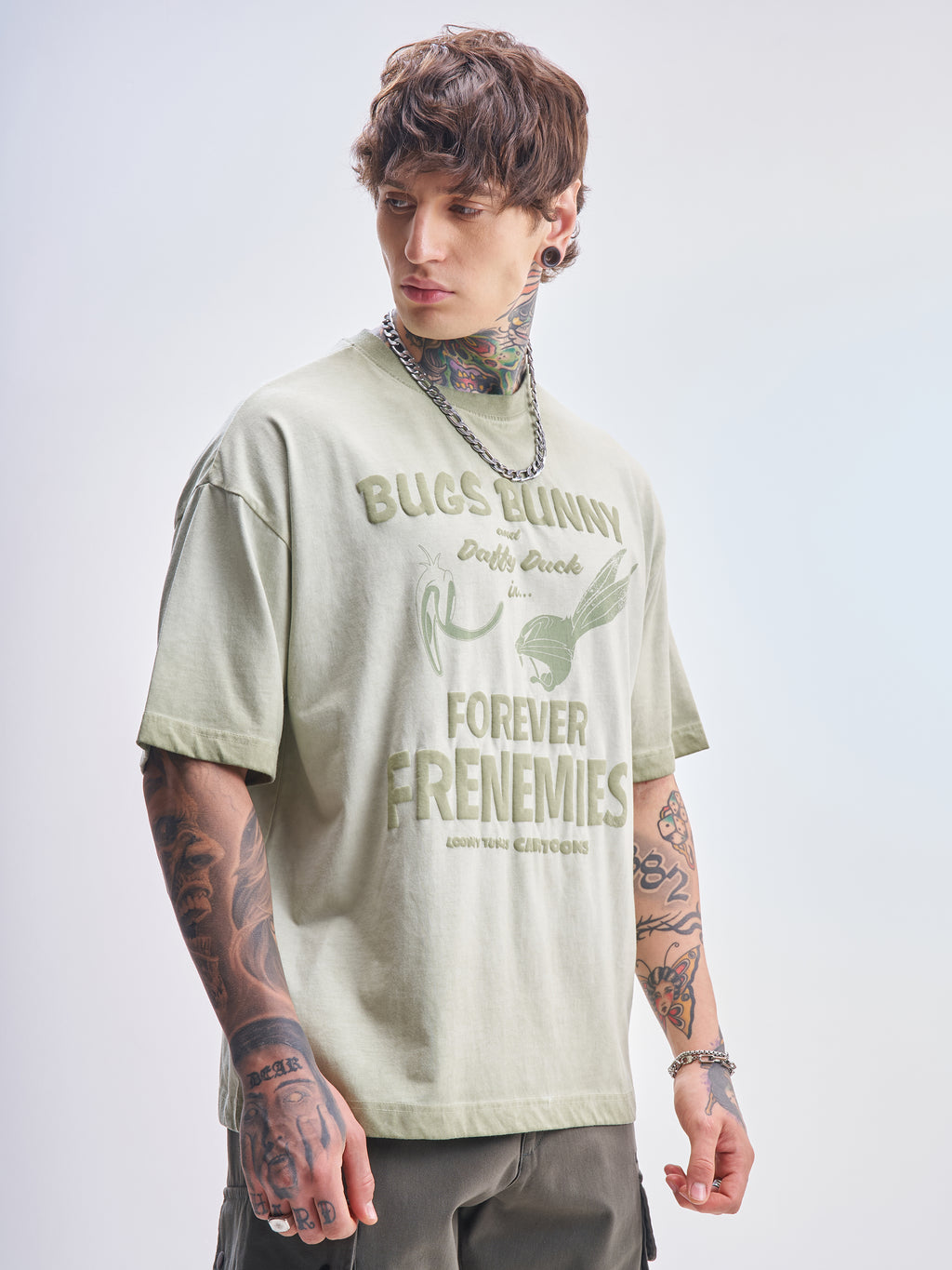 WB By Highlander Men Green Looney Tunes Printed Round Neck Oversized Fit T-Shirt - Green - Image 6