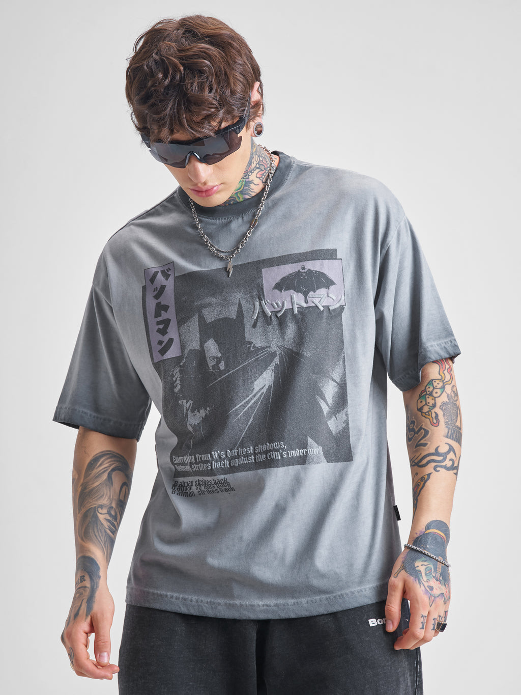DC By Highlander Men Grey Batman Printed Round Neck Oversized Fit T-Shirt - Grey - Image 1