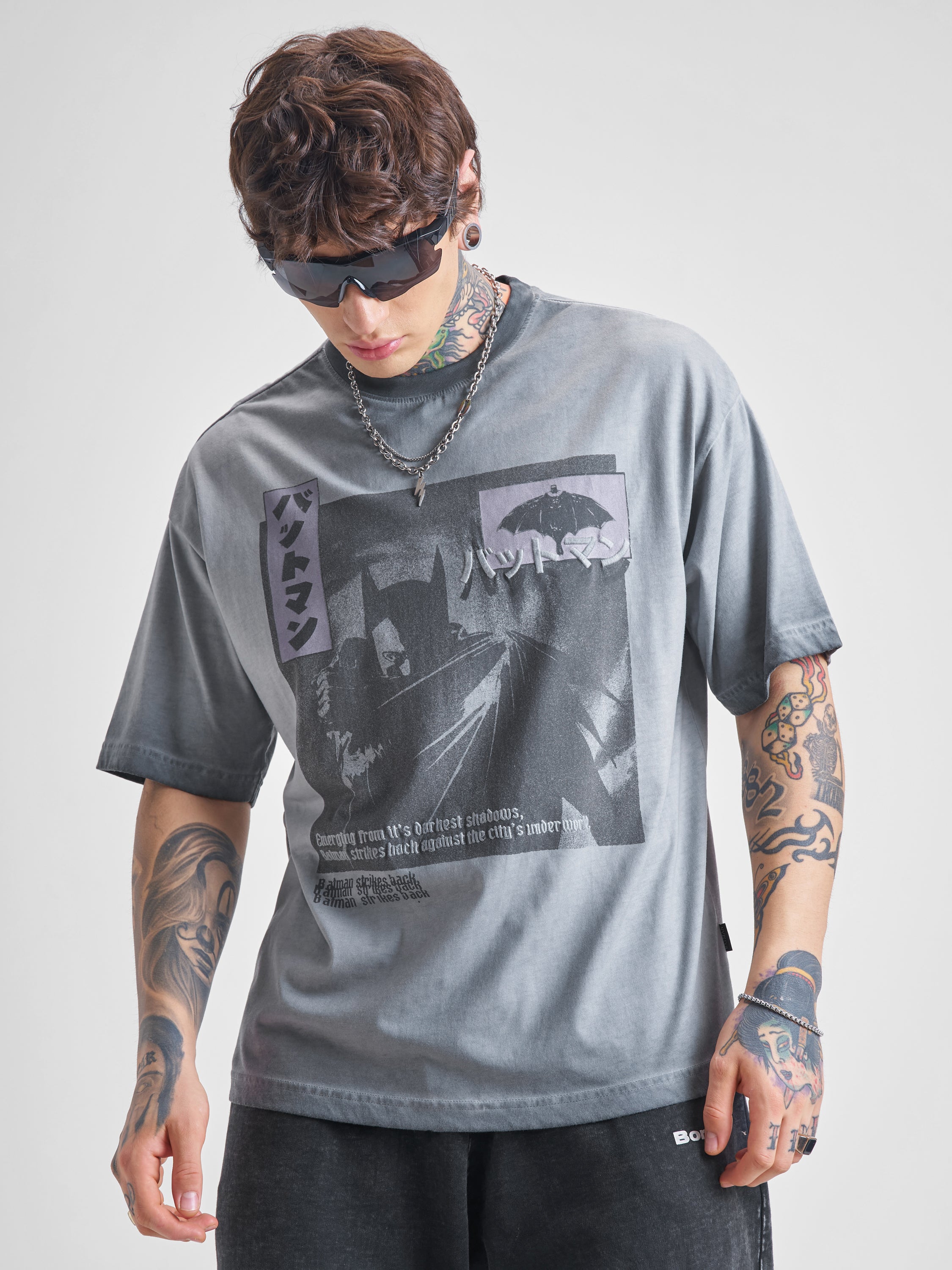 DC By Highlander Men Grey Batman Printed Round Neck Oversized Fit T-Shirt - Grey - Image 1