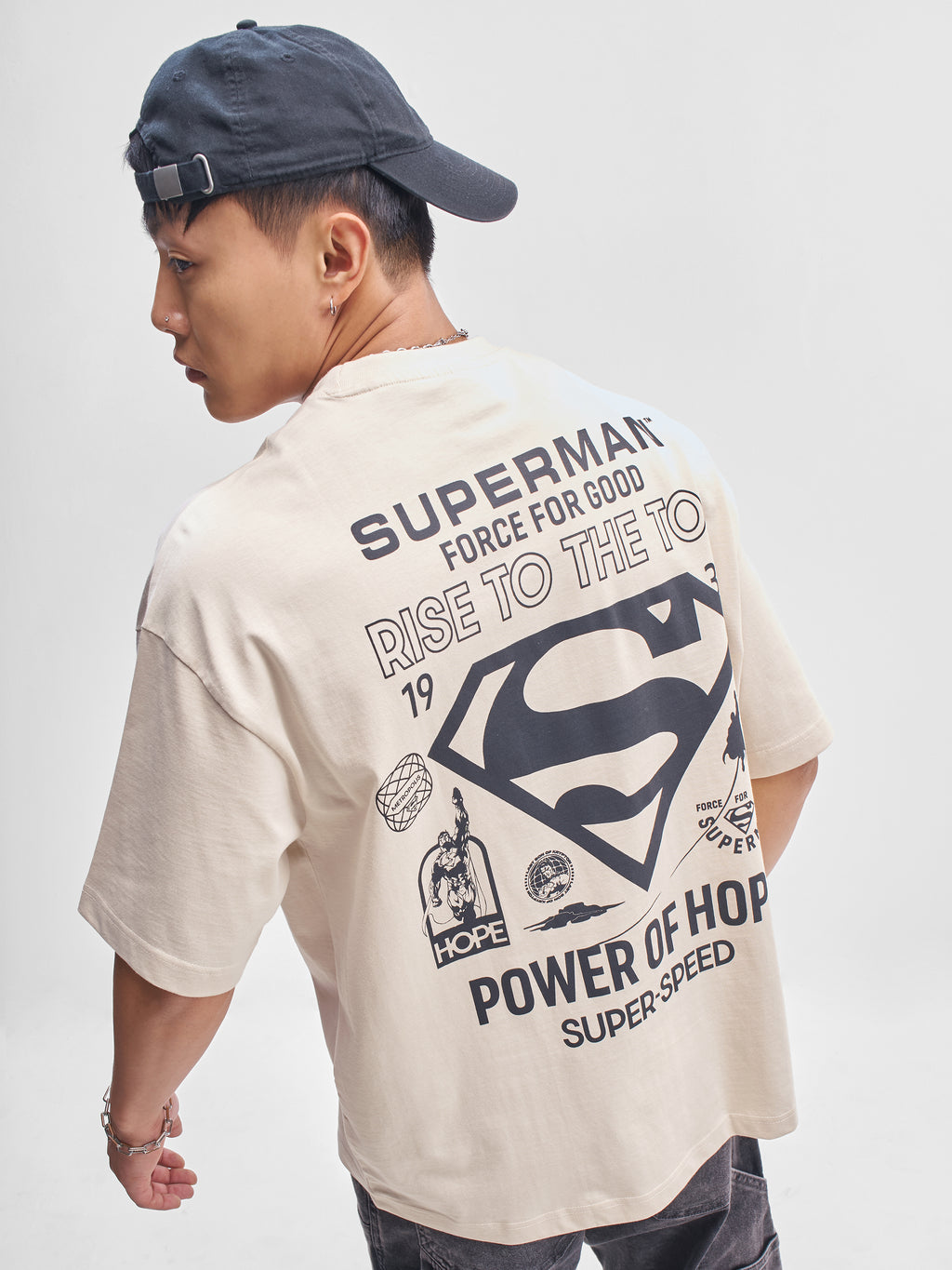 DC By Highlander Men Cream Superman Printed Round Neck Oversized Fit T-Shirt - Cream - Image 1