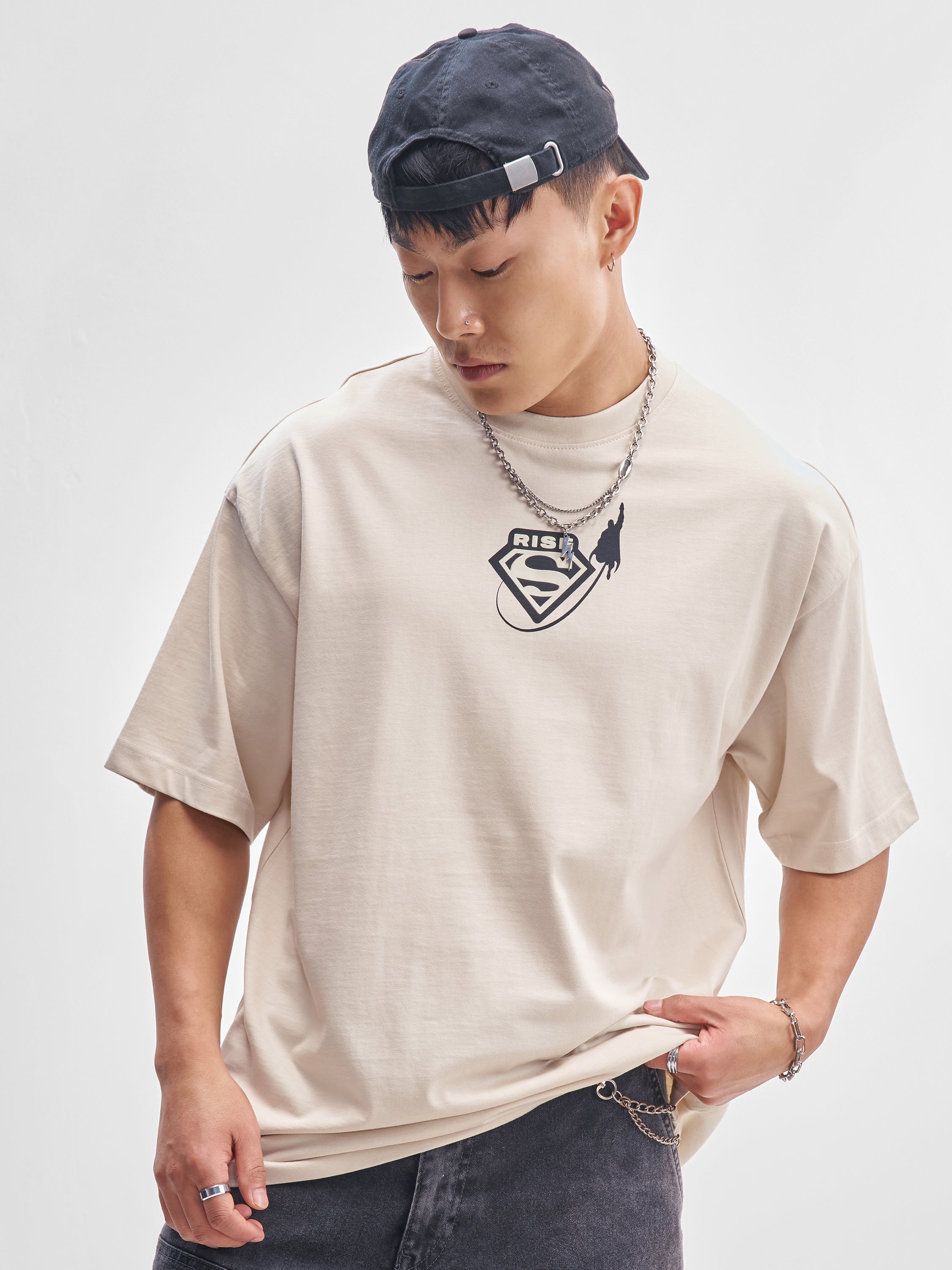 DC By Highlander Men Cream Superman Printed Round Neck Oversized Fit T-Shirt - Cream - Image 3