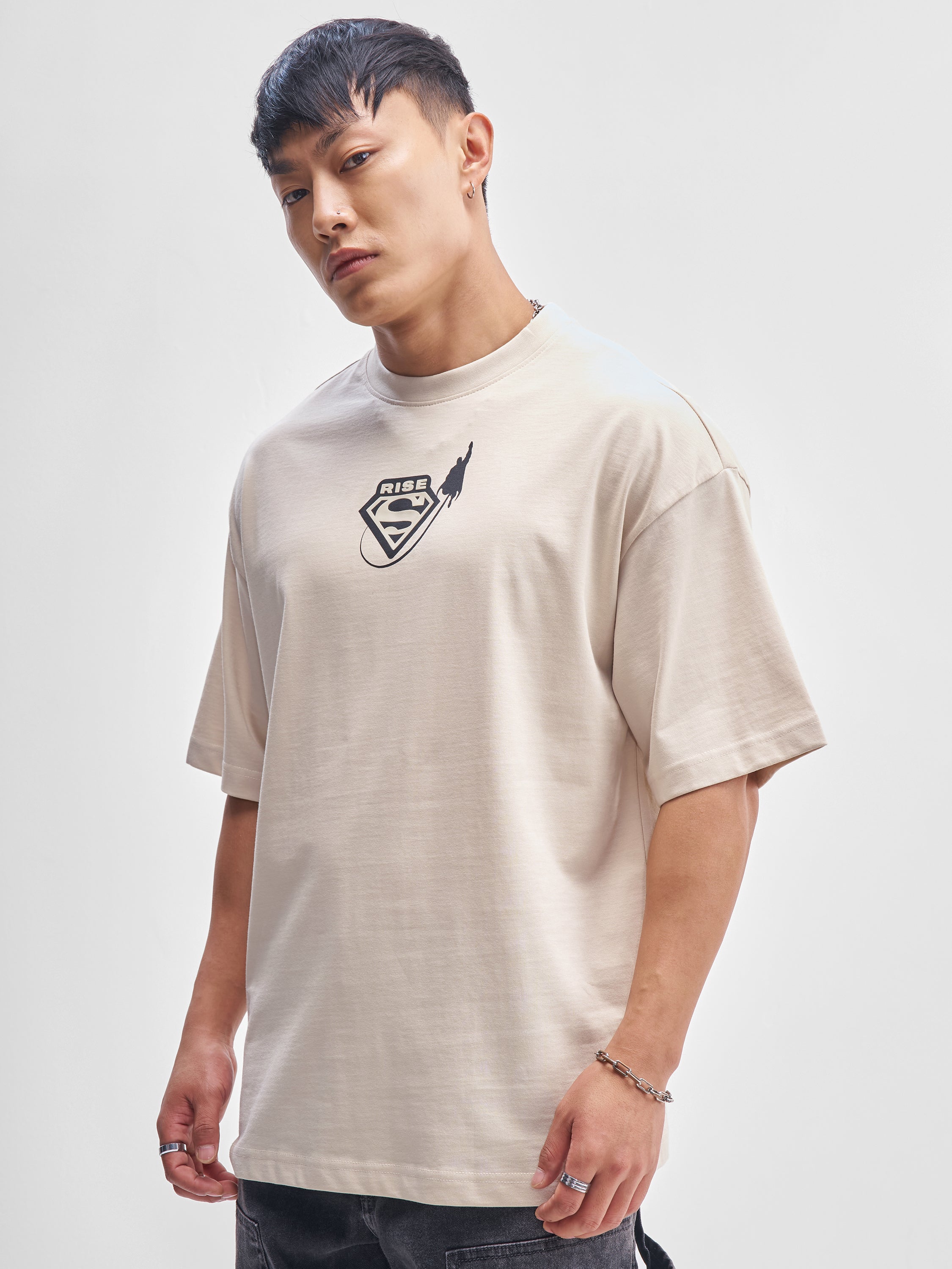 DC By Highlander Men Cream Superman Printed Round Neck Oversized Fit T-Shirt - Cream - Image 4