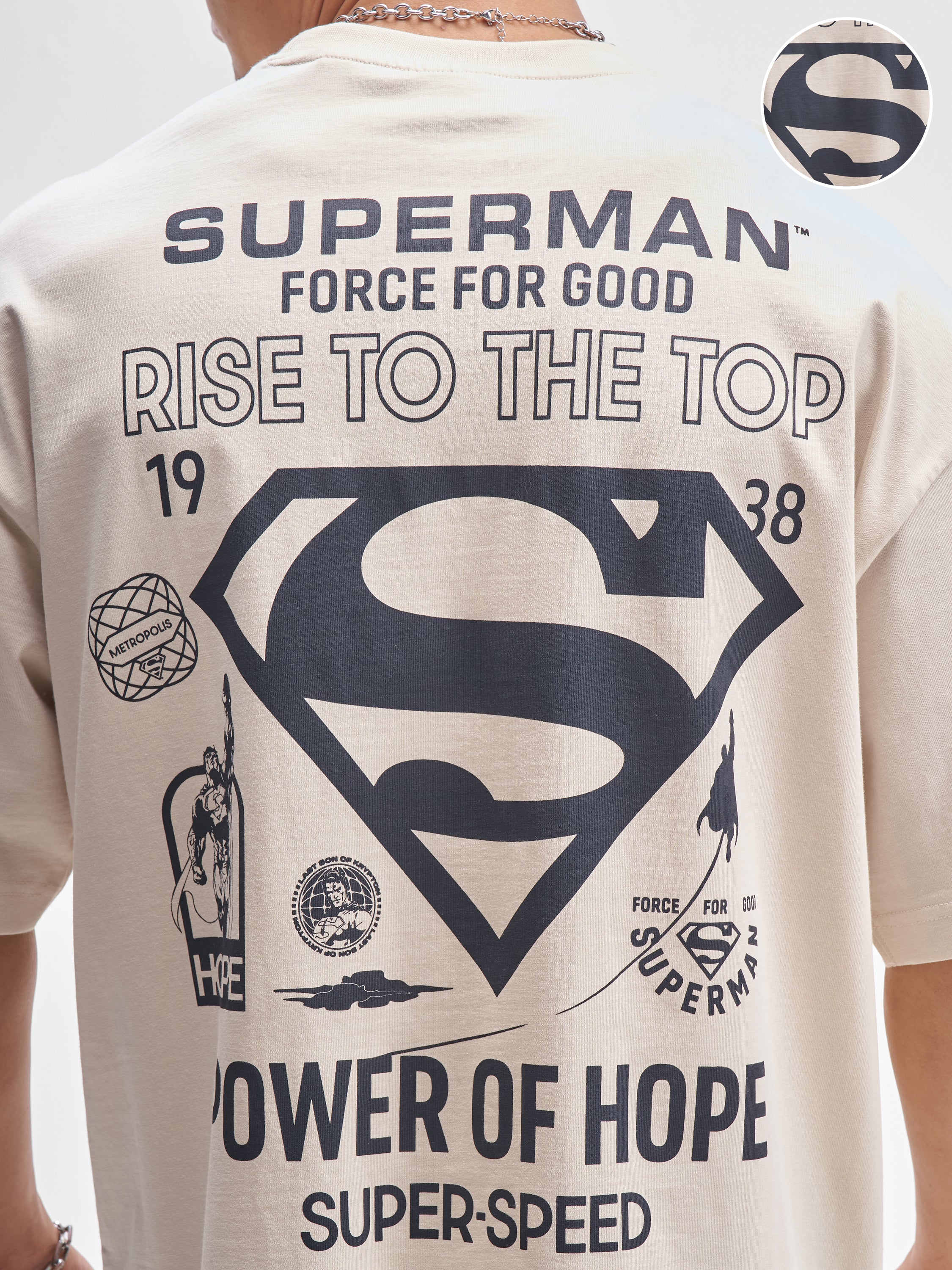 DC By Highlander Men Cream Superman Printed Round Neck Oversized Fit T-Shirt - Cream - Image 5