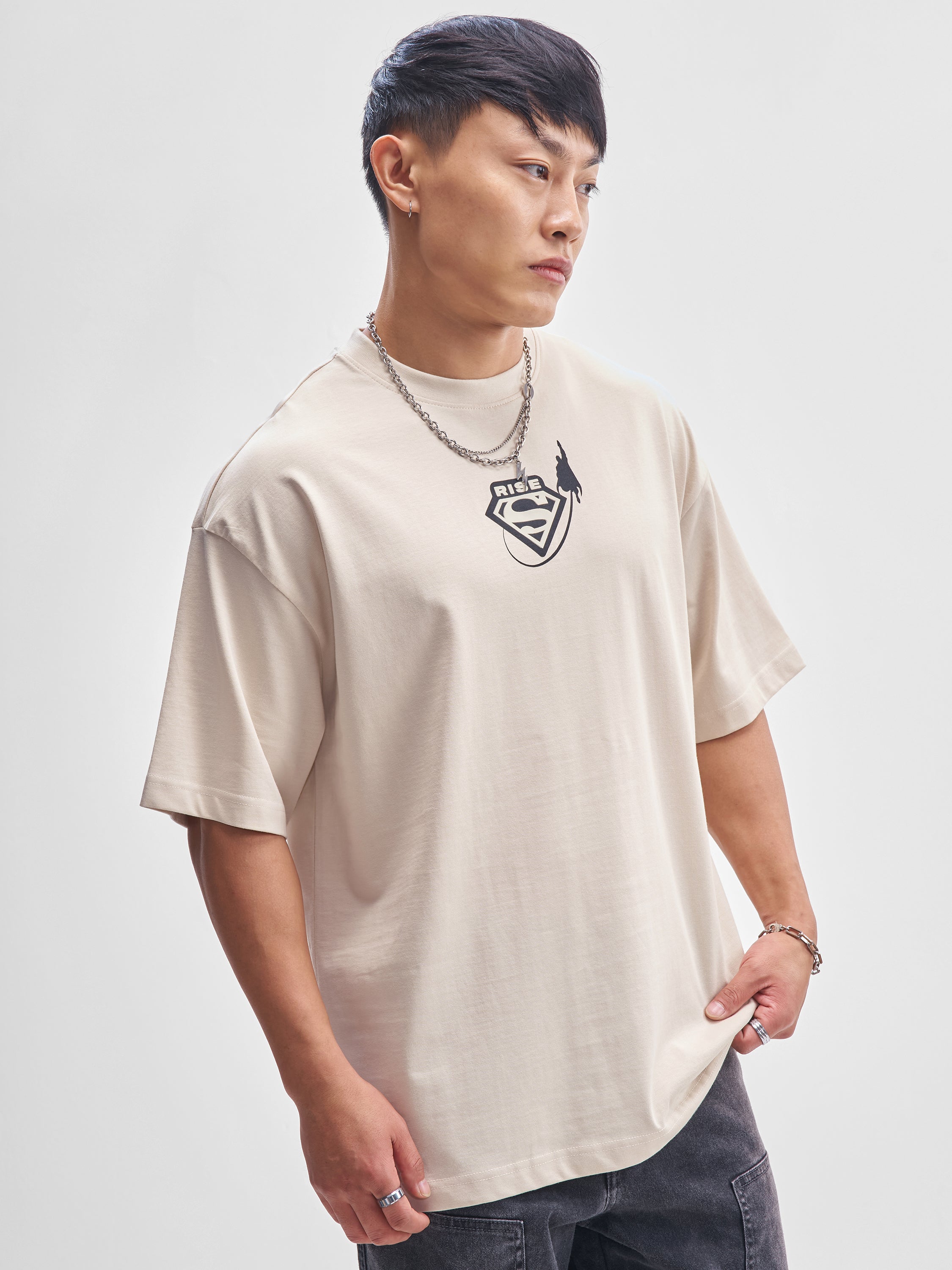 DC By Highlander Men Cream Superman Printed Round Neck Oversized Fit T-Shirt - Cream - Image 6
