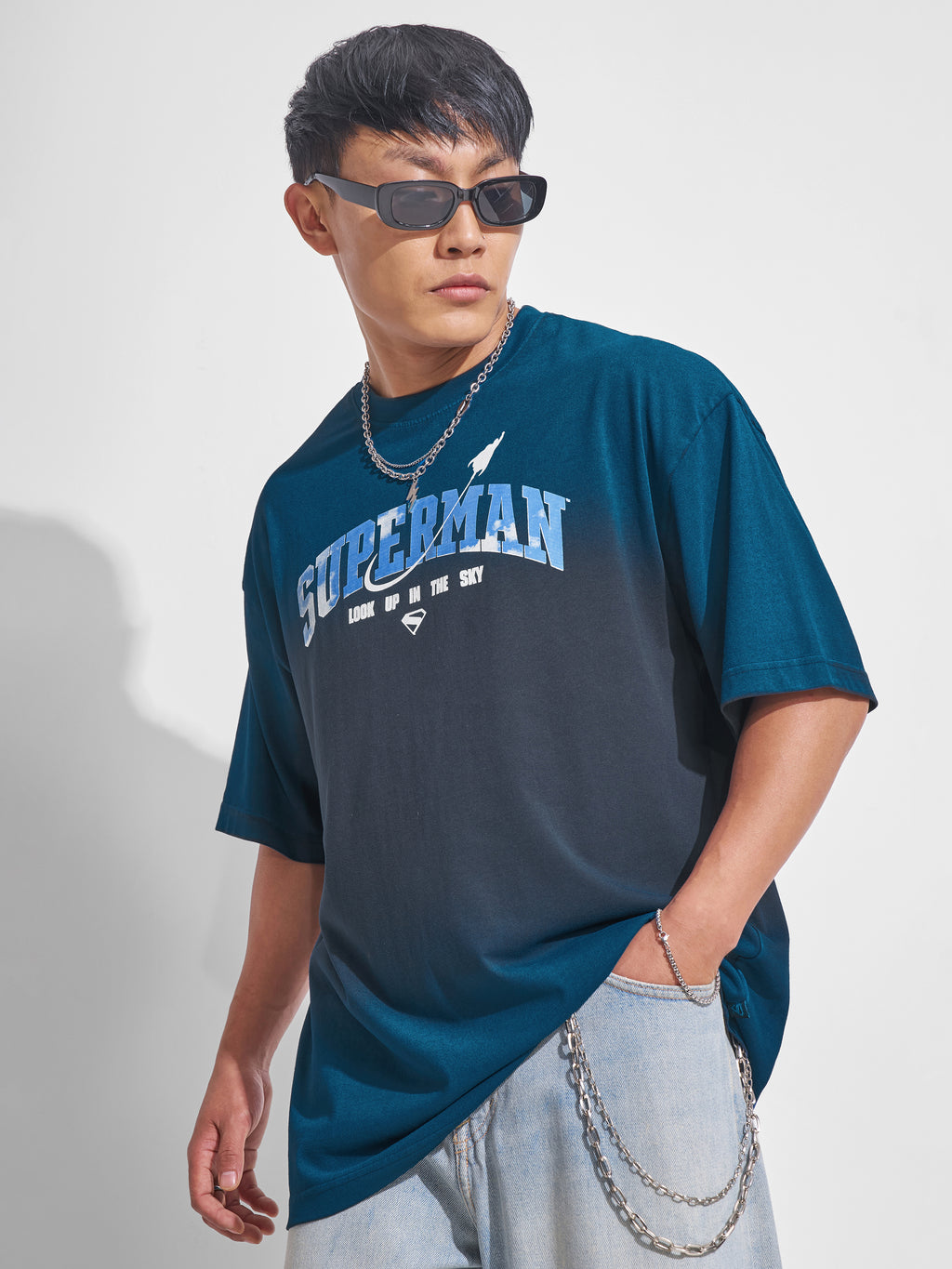 DC By Highlander Men Navy Blue Superman Printed Round Neck Oversized Fit T-Shirt - Navy Blue - Image 1