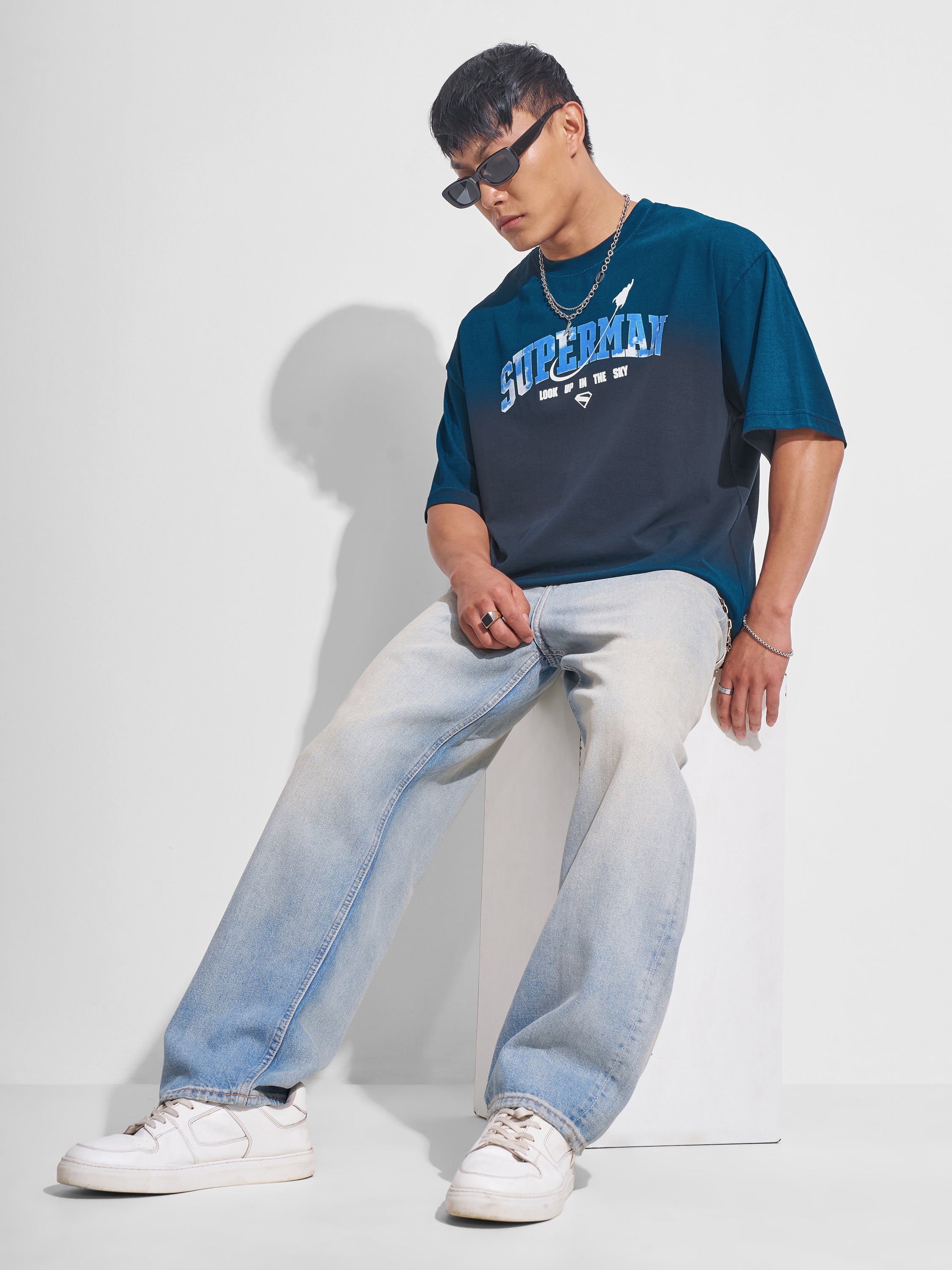 DC By Highlander Men Navy Blue Superman Printed Round Neck Oversized Fit T-Shirt - Navy Blue - Image 2