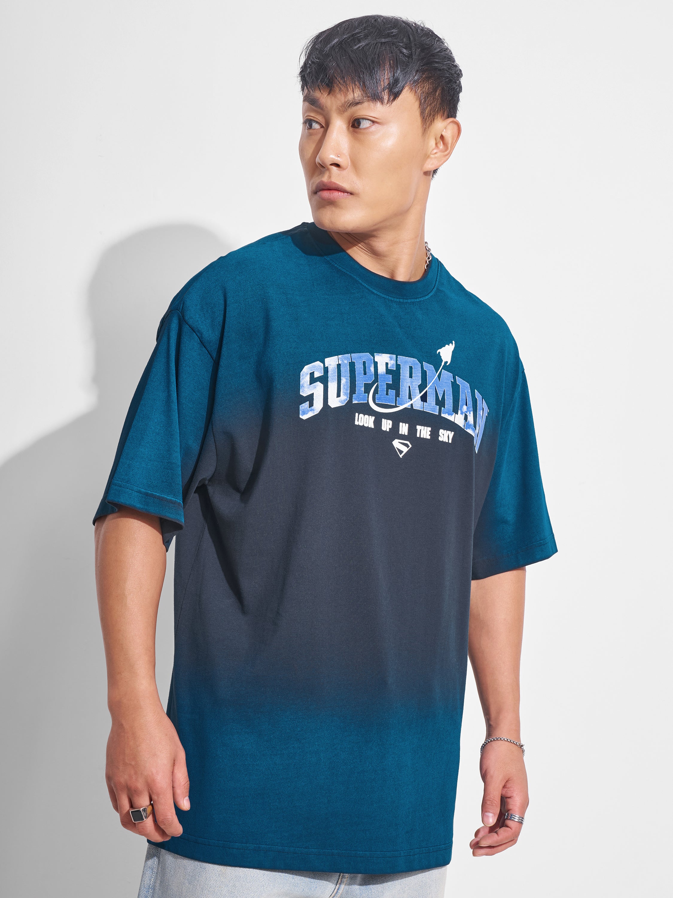 DC By Highlander Men Navy Blue Superman Printed Round Neck Oversized Fit T-Shirt - Navy Blue - Image 6