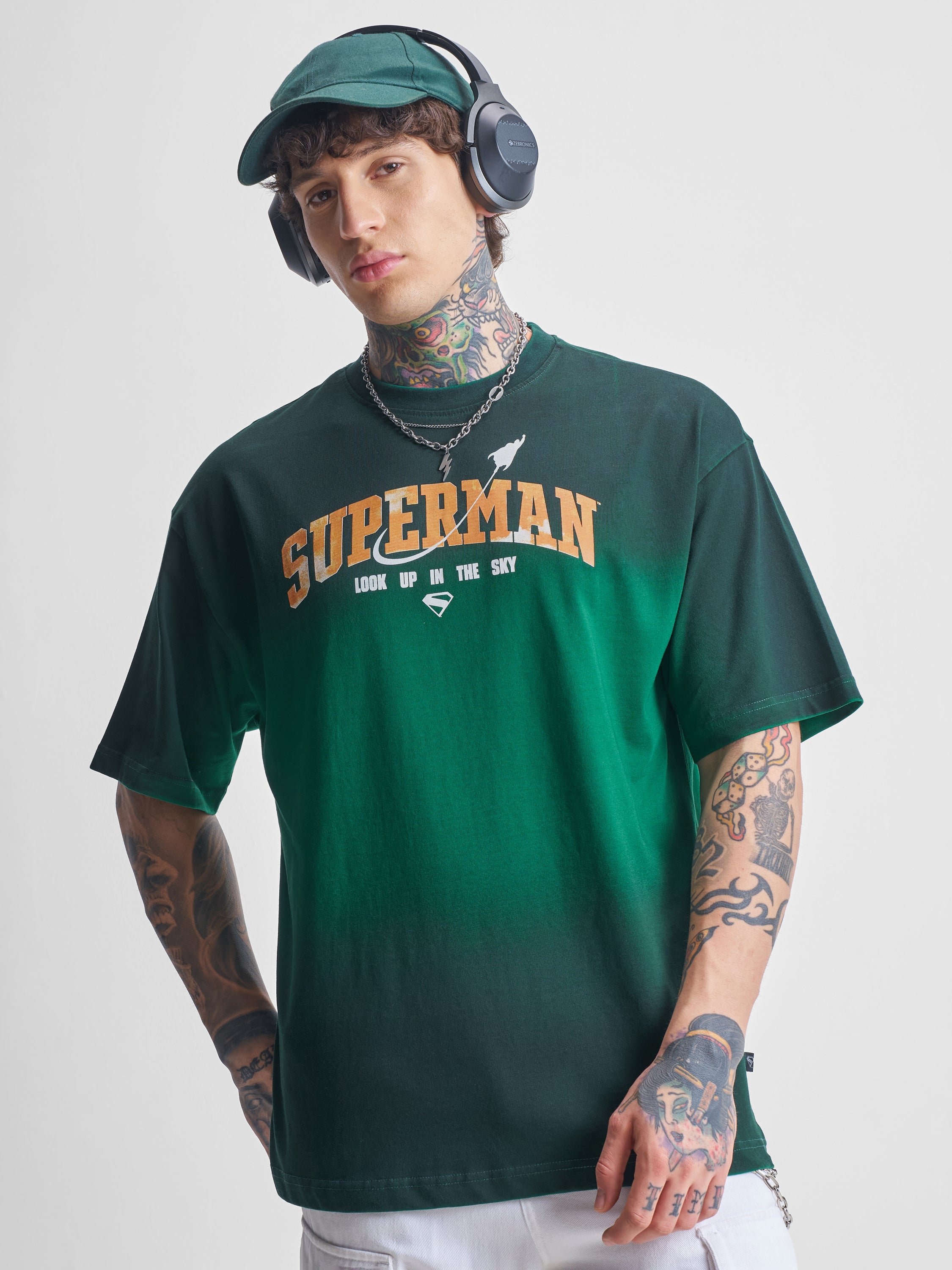 DC By Highlander Men Green Superman Printed Round Neck Oversized Fit T-Shirt - Green - Image 1