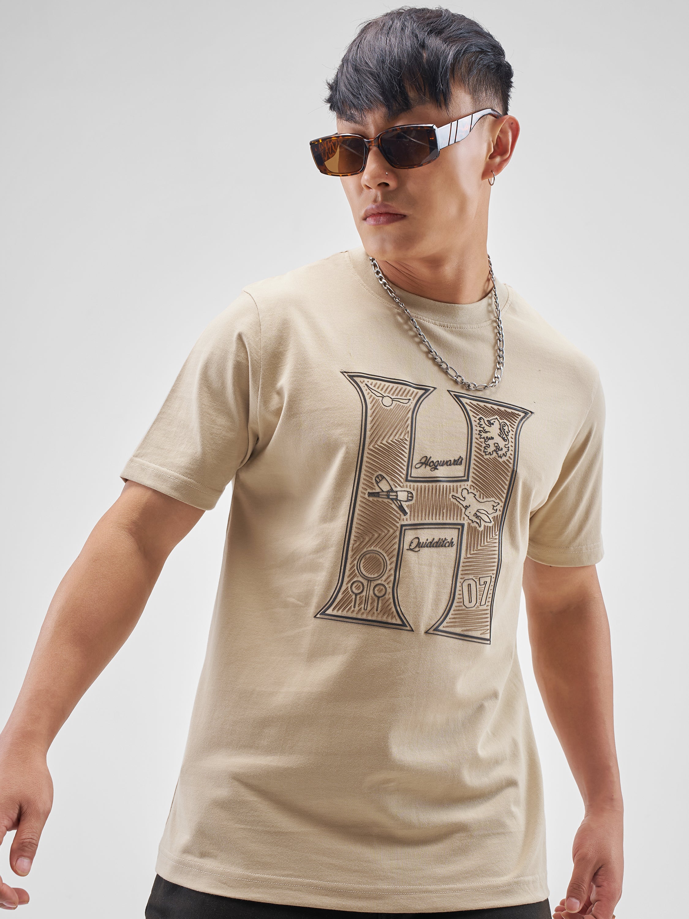 WB By Highlander Men Beige Harry Potter Printed Round Neck Regular Fit T-Shirt - Beige - Image 1