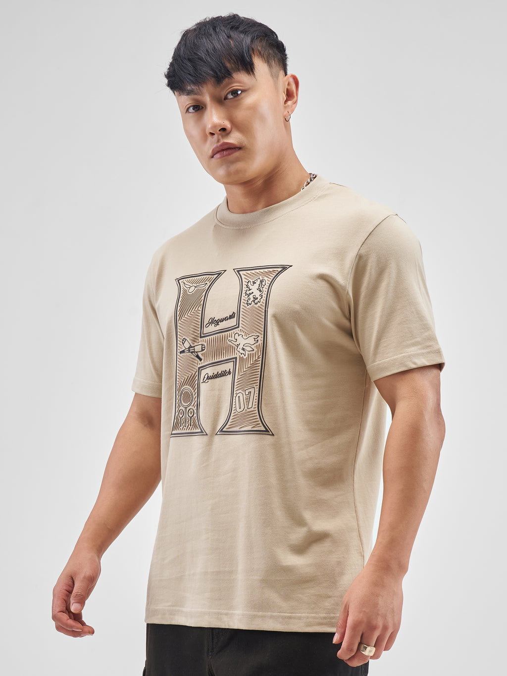 WB By Highlander Men Beige Harry Potter Printed Round Neck Regular Fit T-Shirt - Beige - Image 4