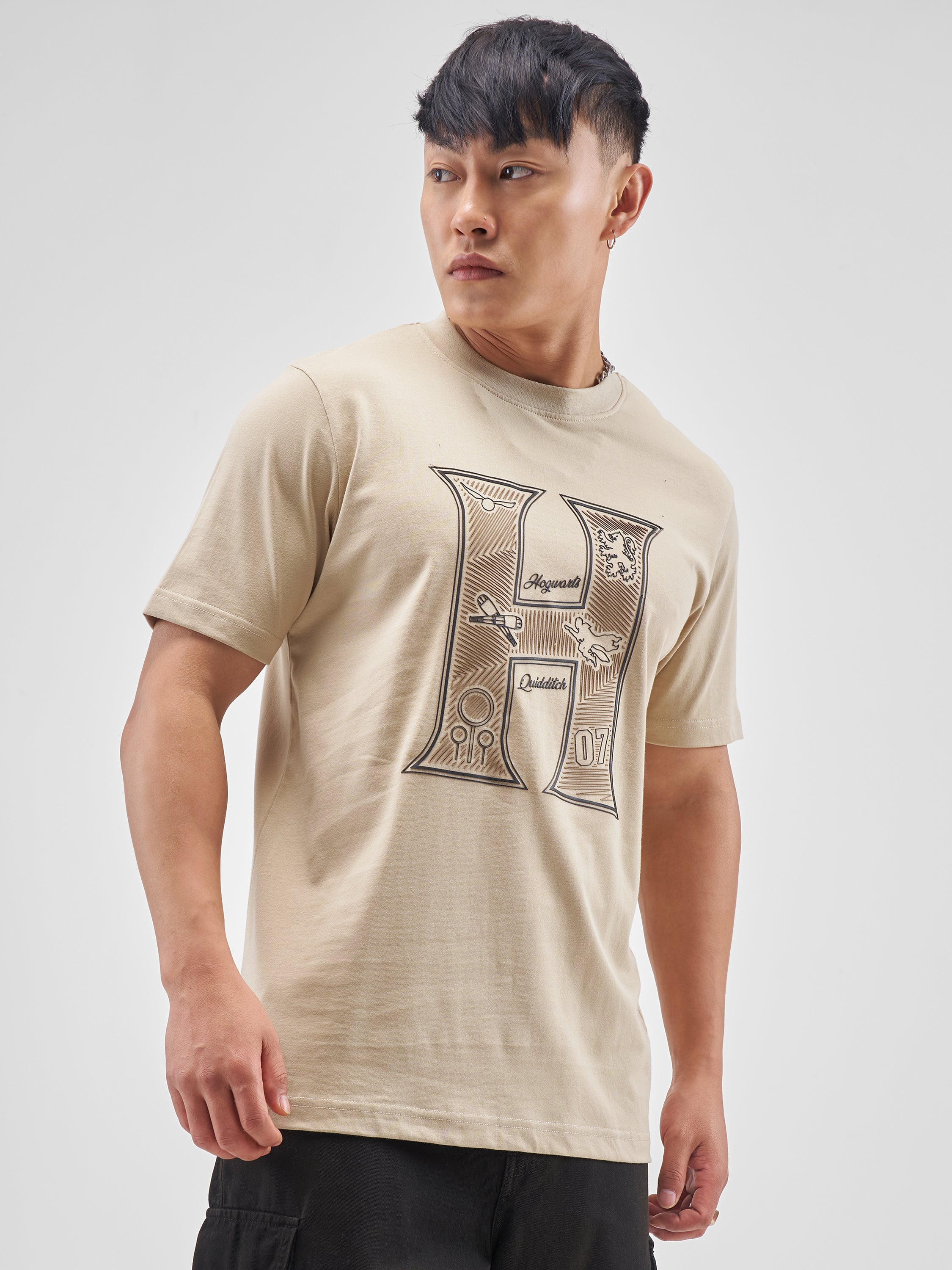 WB By Highlander Men Beige Harry Potter Printed Round Neck Regular Fit T-Shirt - Beige - Image 6