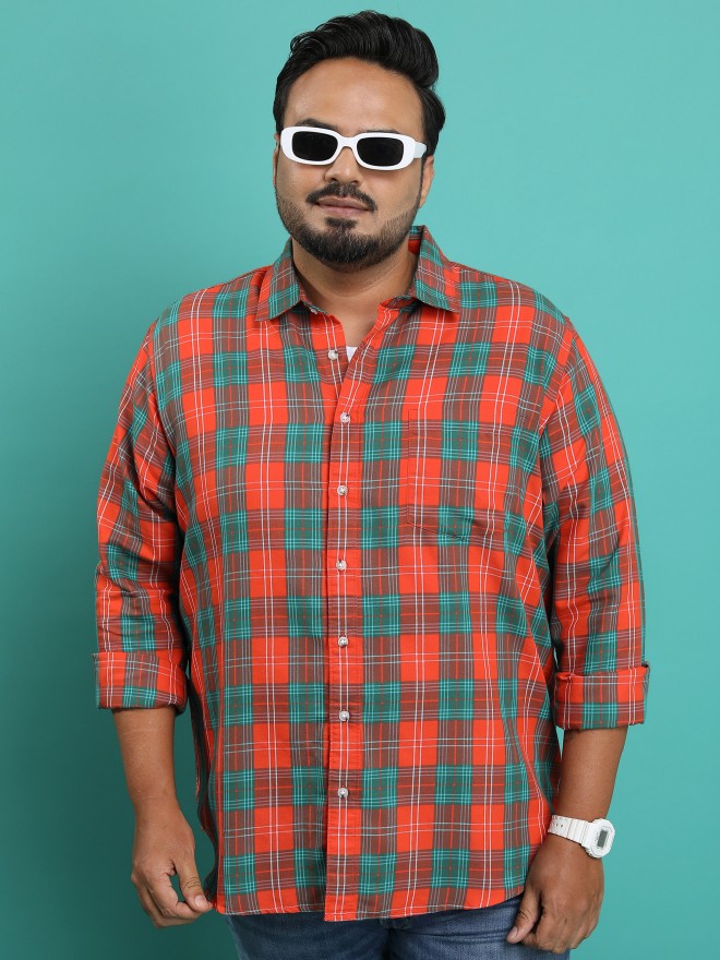 Highlander Men Orange Checked Plus Size Regular Fit Shirt - Orange - Image 1