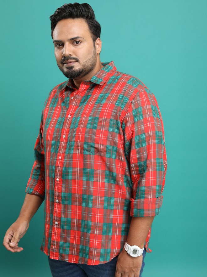 Highlander Men Orange Checked Plus Size Regular Fit Shirt - Orange - Image 4