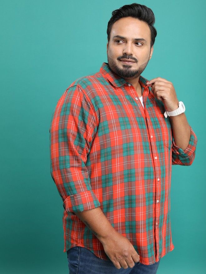 Highlander Men Orange Checked Plus Size Regular Fit Shirt - Orange - Image 6