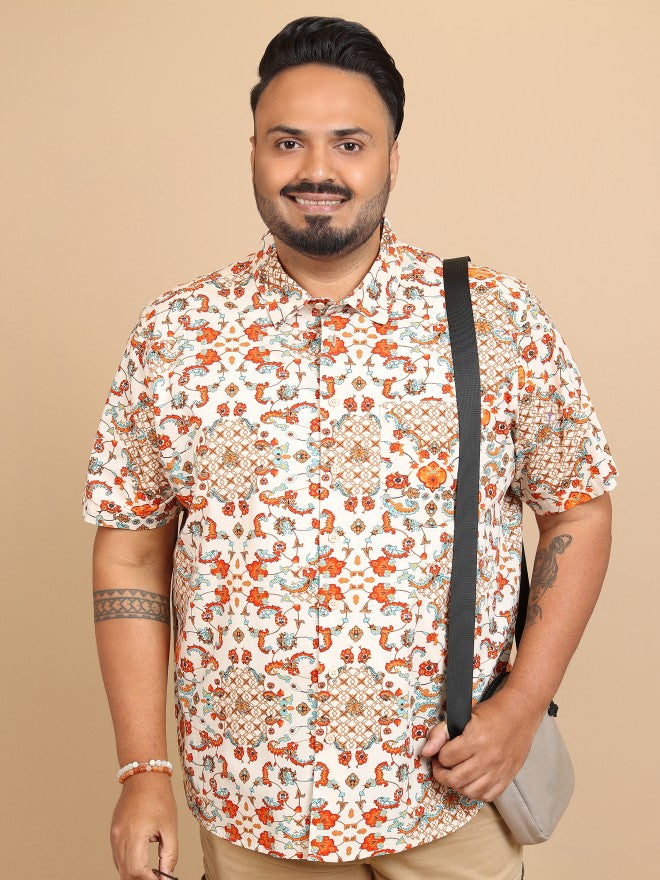 Xtra Ordinary By Highlander Men Beige/Rust Printed Regular Fit Plus Size Casual Shirt - Beige - Image 1