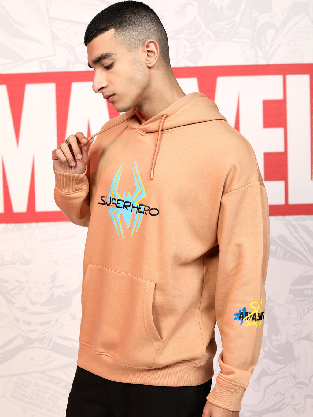 Marvel By Highlander Men Brown Spider-Man Hooded Pullover Sweatshirt - Brown - Image 4