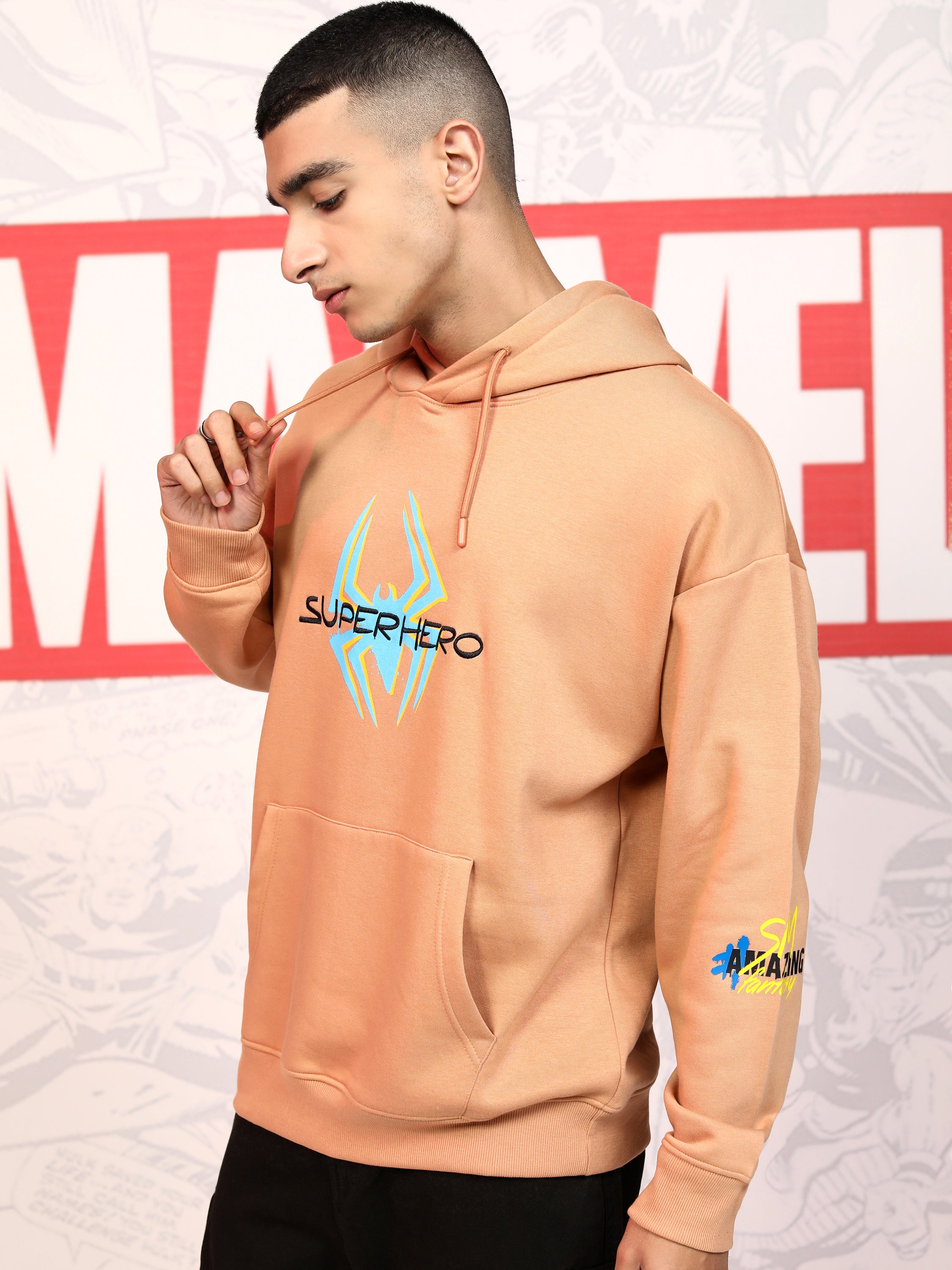 Marvel By Highlander Men Brown Spider-Man Hooded Pullover Sweatshirt - Brown - Image 4