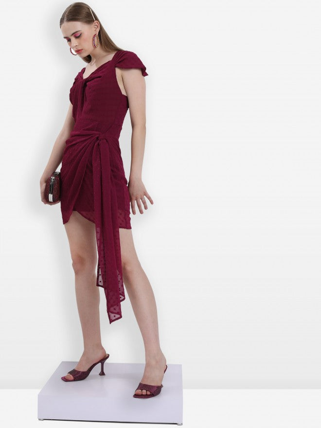 Ketch Women Burgundy Self Design Fit And Flare Dress - Burgundy - Image 2