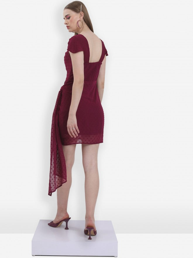 Ketch Women Burgundy Self Design Fit And Flare Dress - Burgundy - Image 3