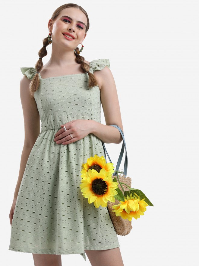 Ketch Women Olive Self Design A-Line Dress - Olive - Image 1